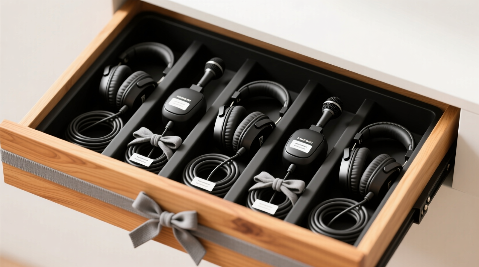 Close-up of a matte-black USB-C charging dock mounted flush on the interior left side panel of a cedar-lined closet, with a sleek wireless gaming headset seated securely; braided cable runs discreetly behind the panel toward a recessed outlet below the hanging rod