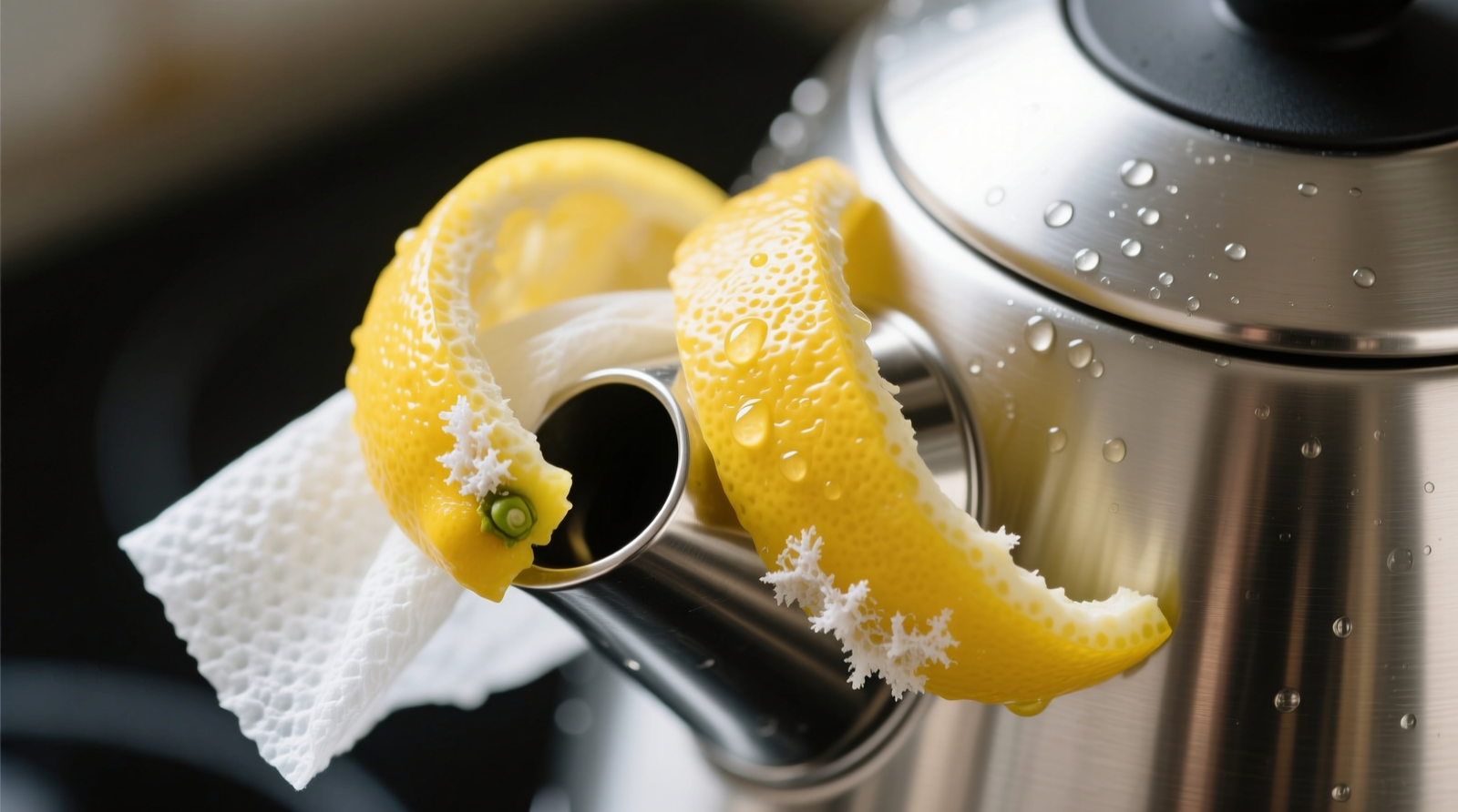Close-up photo showing two curved lemon peels pressed flat against a stainless steel kettle spout, covered by a translucent damp paper towel, with visible limescale softening at the edges