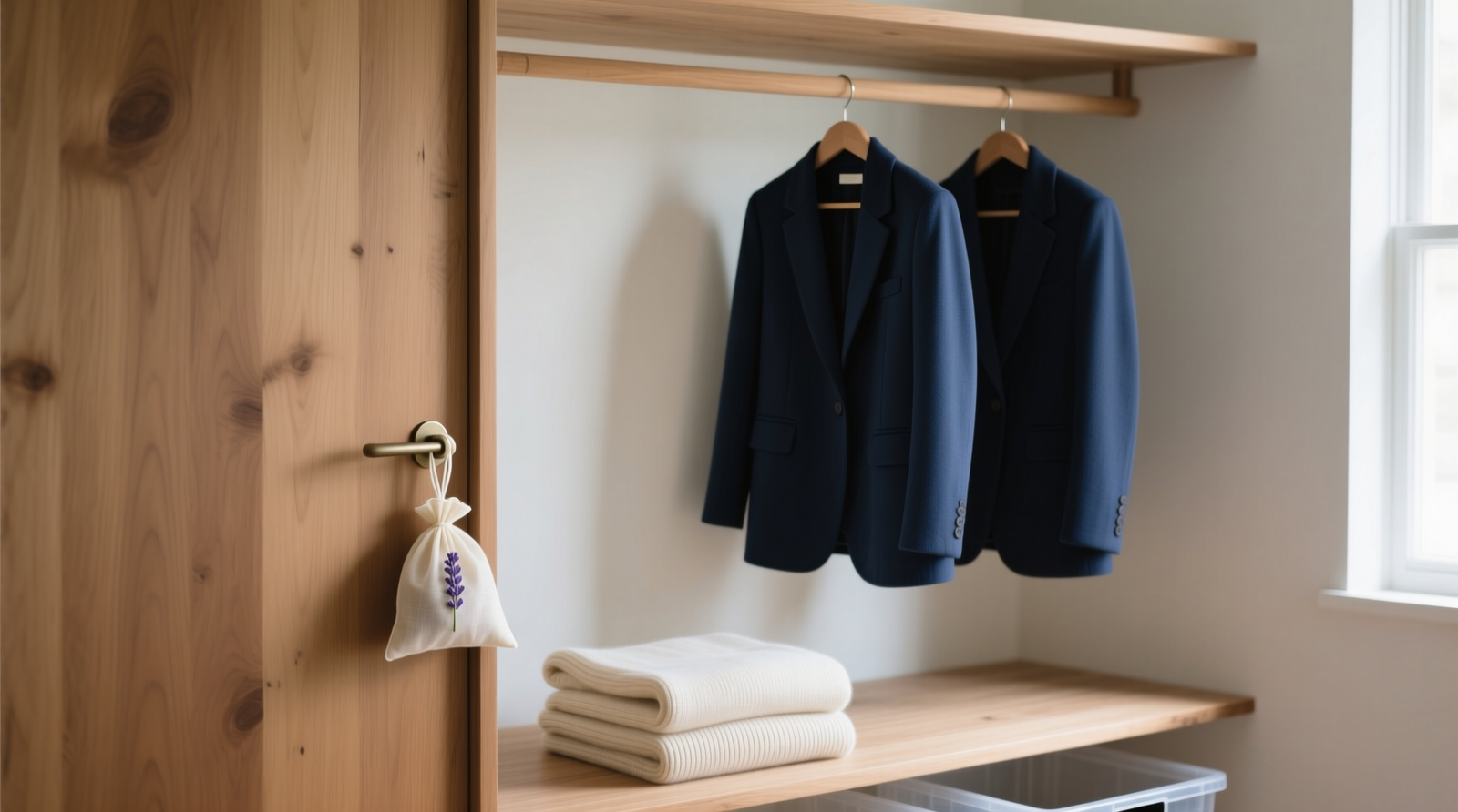 A minimalist closet with ivory muslin lavender sachet clipped to the interior door handle, beside neatly hung navy blazers and folded cashmere sweaters on open shelves—lighting soft, surfaces uncluttered, no visible labels or plastic bins