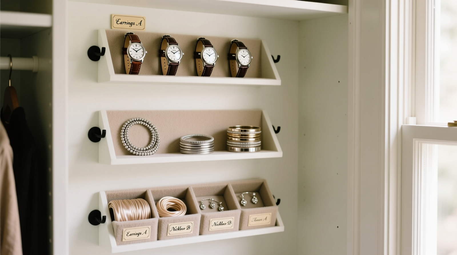 A white-painted closet interior showing three vertically mounted board game trays: top tray holds five leather-strapped automatic watches upright; middle tray displays coiled silver necklaces and stacked bangles; bottom tray contains rolled silk cords and loose earrings in labeled felt-lined compartments. All trays are secured with discreet black adhesive hooks at shelf edges.