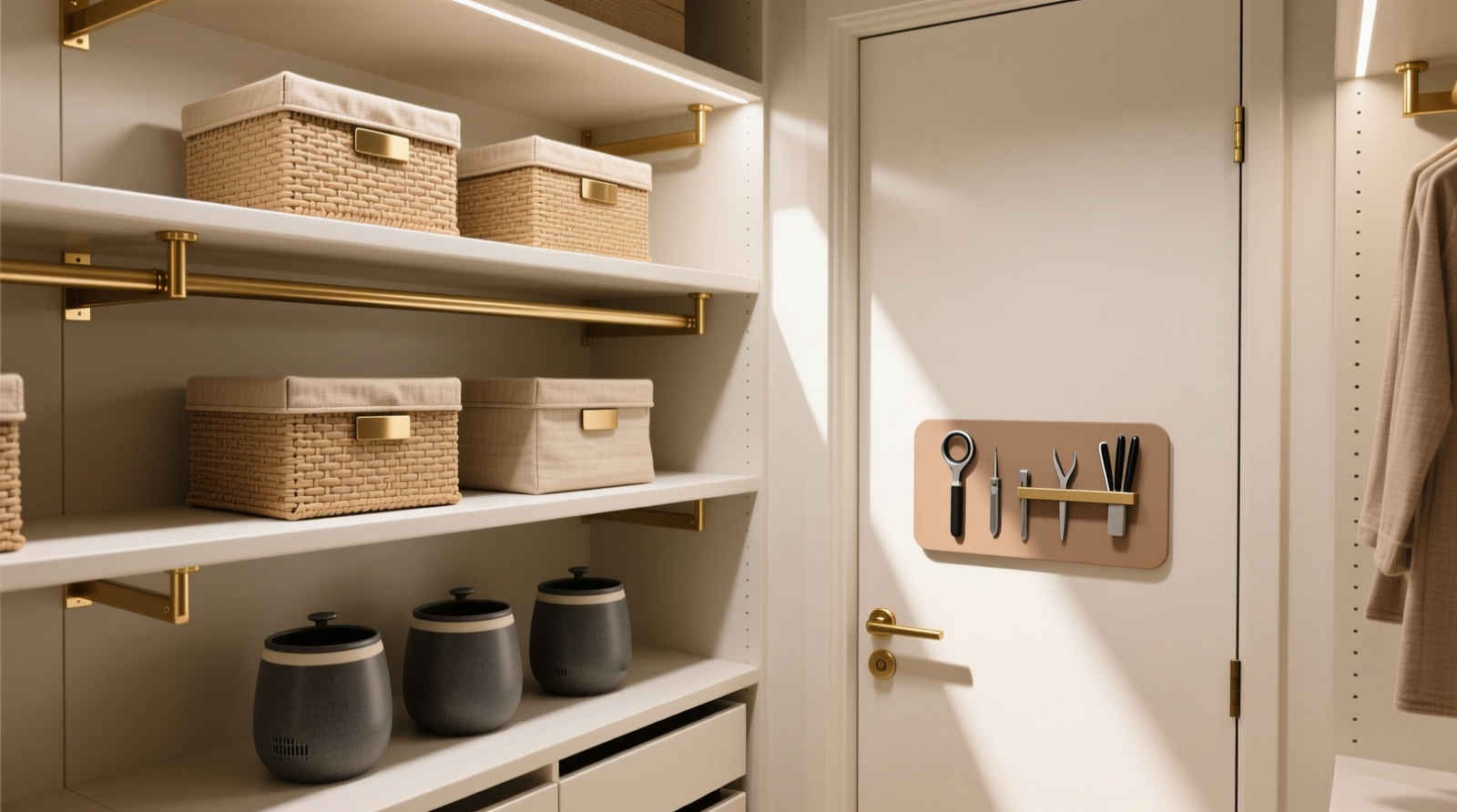 A well-lit walk-in closet showing three-tiered, ventilated storage: woven linen bins mounted on brushed-brass shelf brackets at eye level, charcoal-filtered ceramic containers on lower shelves, and a slim magnetic tool panel recessed into the interior door surface—all coordinated in warm taupe and oat tones.