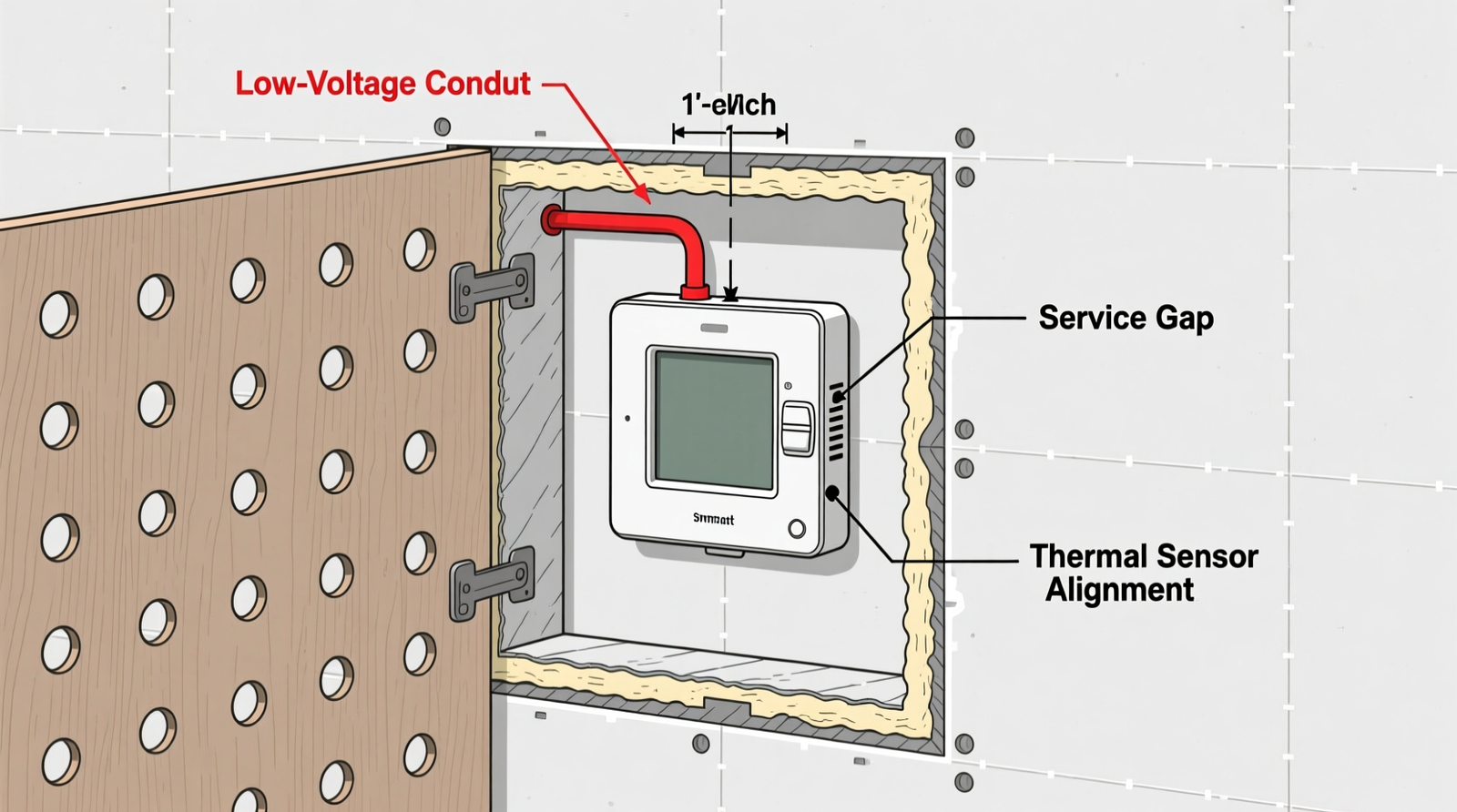 Cross-section diagram showing a smart thermostat mounted flush in drywall behind a removable, perforated MDF closet panel, with labeled low-voltage conduit, service gap, and thermal sensor alignment