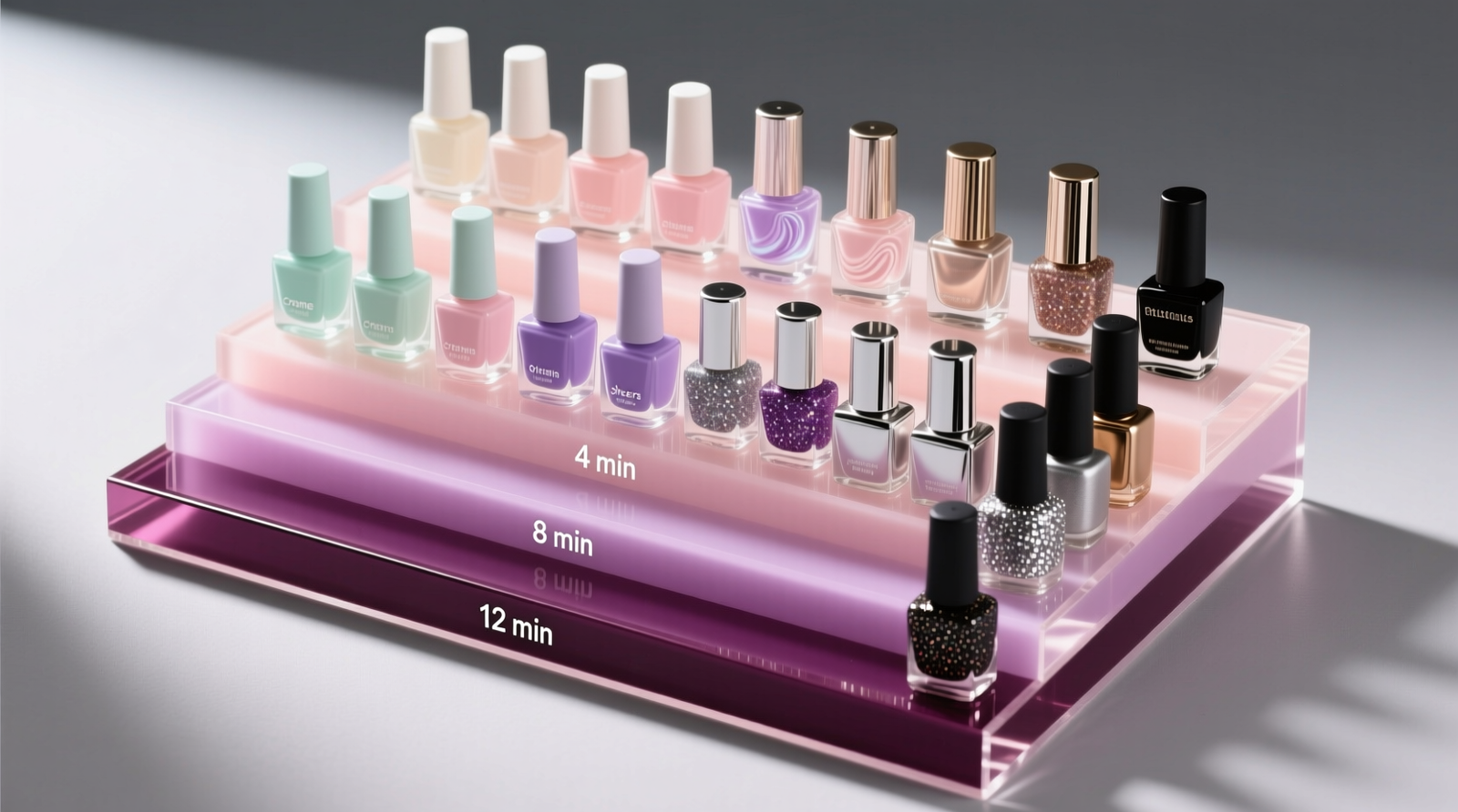 Top-down view of a five-tier acrylic gradient tray, each level holding uniformly oriented nail polish bottles sorted by finish: creme row (leftmost, light pastels), then sheers (translucent bottles), glitters (chunky metallic caps), metallics (brushed silver lids), and textured finishes (matte black caps) — all aligned with drying-time labels visible on front edges
