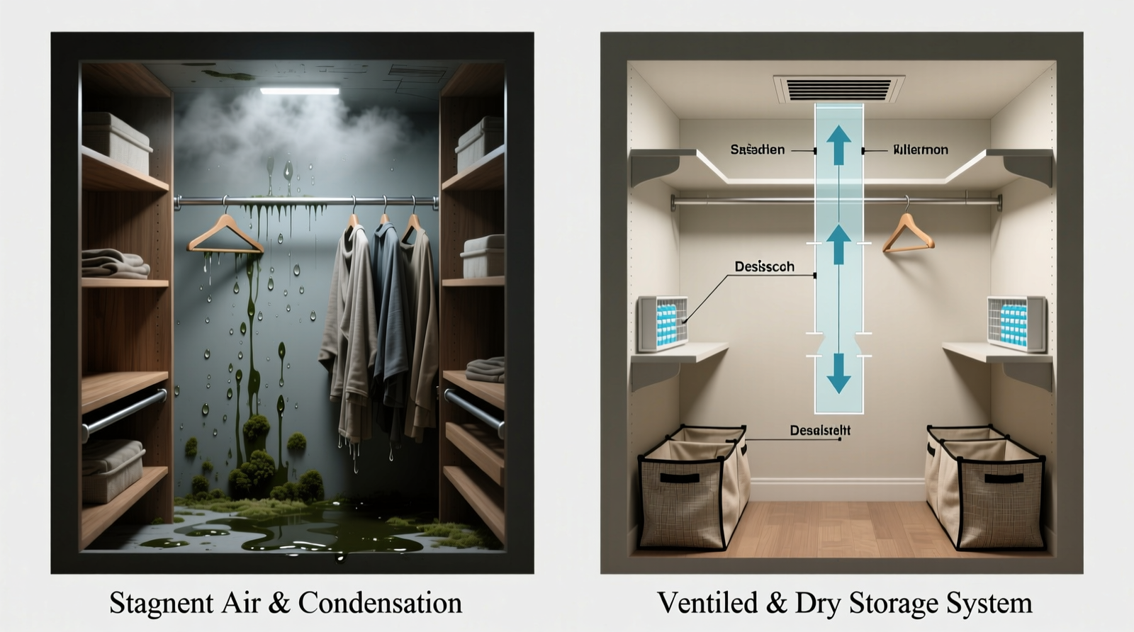 Side-by-side closet cross-sections: left shows stagnant air with condensation pooling on hanger rods; right shows properly vented closet with labeled exhaust path, silica gel trays, and breathable canvas storage bins