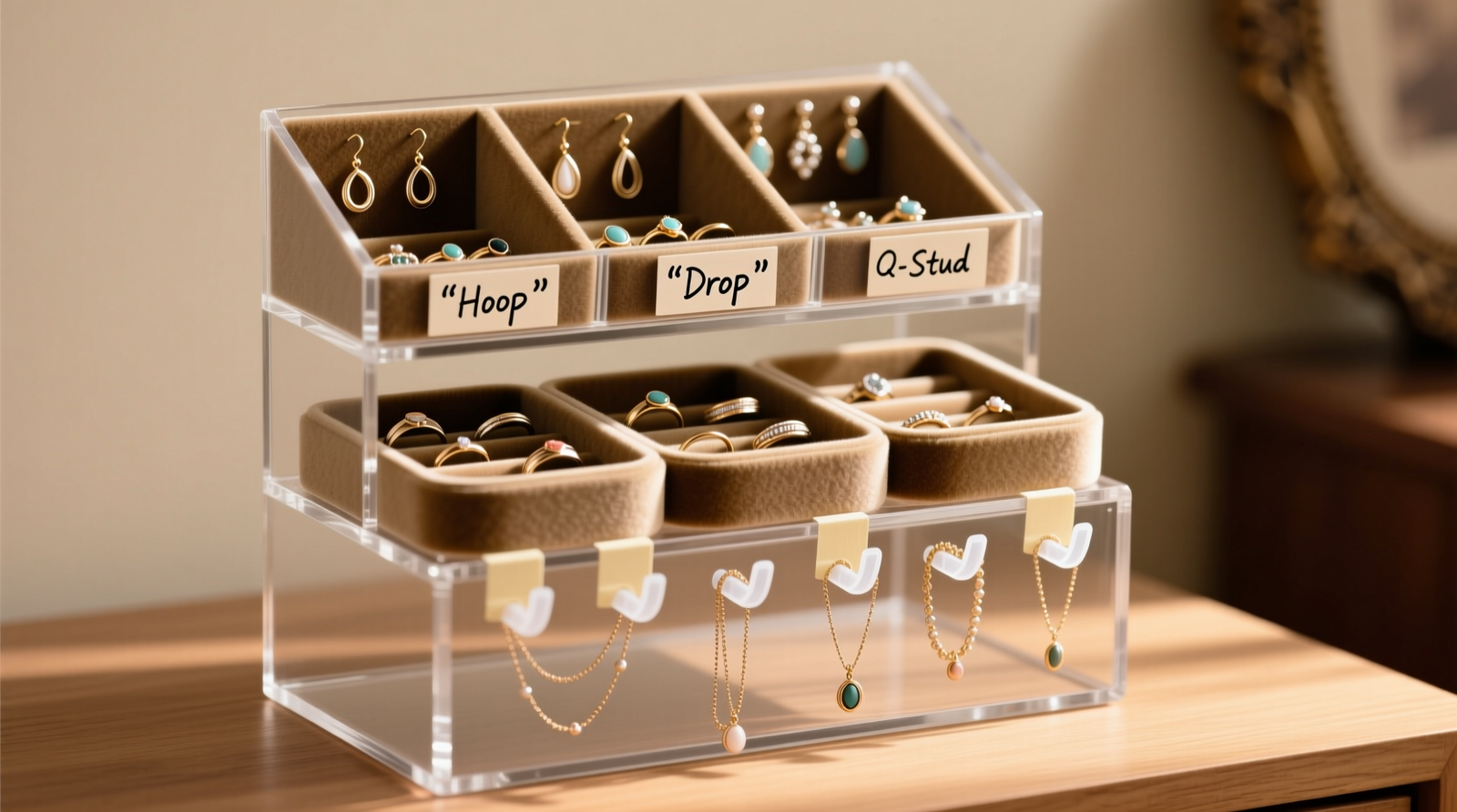 Three-tier acrylic makeup organizer repurposed as jewelry sorter: top tier holds dangling earrings in labeled dividers, middle tier displays stacked rings on velvet-lined wells, bottom tier stores necklaces draped over removable plastic hooks taped to the front lip
