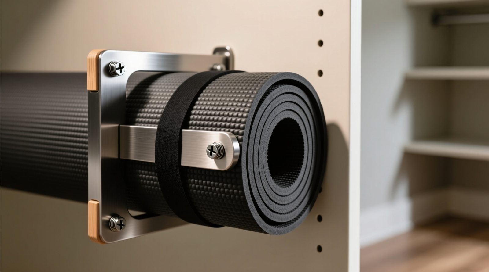 Close-up photo showing a natural rubber yoga mat standing vertically in a closet corner, held securely between a matte-black tension rod angled from floor to ceiling and a foam-padded wall surface, with 1.5-inch gaps between adjacent mats