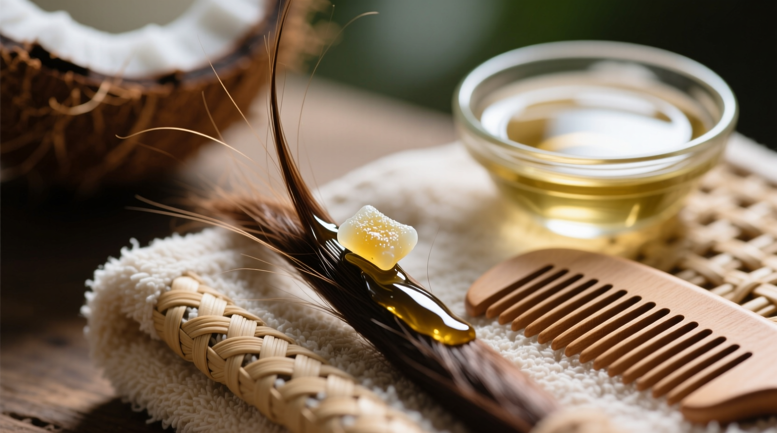 Close-up photo showing coconut oil being massaged into a strand of hair with gum embedded near the midshaft, next to a small glass bowl of diluted chilled vinegar and a wide-tooth wooden comb on a bamboo towel