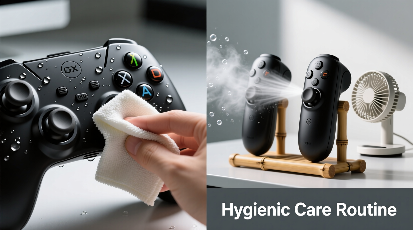 Close-up photo showing a microfiber cloth dampened with tea tree hydrosol gently wiping the curved capacitive touchpad of a VR controller, with soft ambient lighting highlighting the absence of streaks or pooling