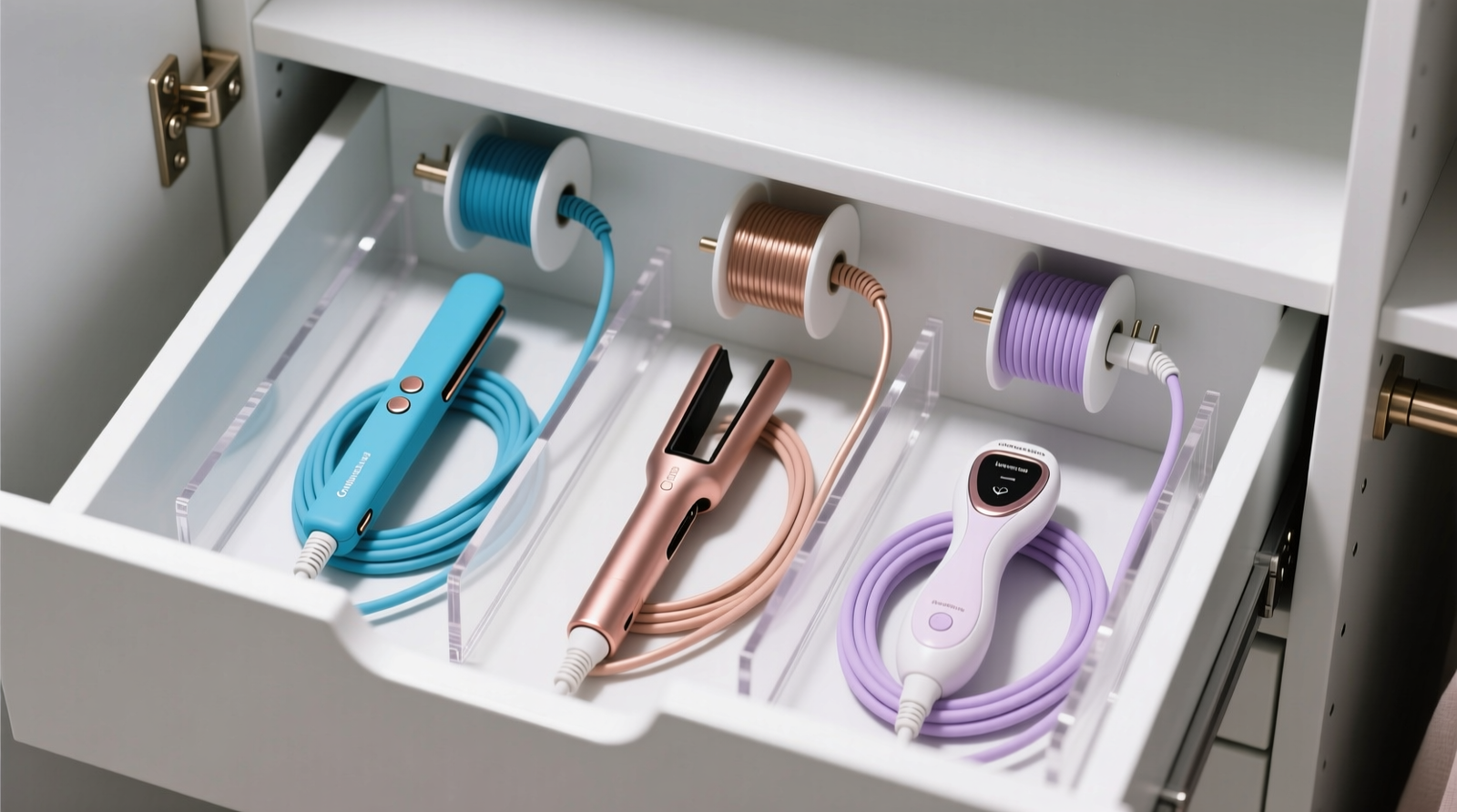 Overhead view of a shallow closet drawer with three vertical cord spools mounted at the rear wall; each spool holds a coiled cord feeding cleanly to its tool—flat iron, curling wand, and facial toning device—each cord encased in a distinct-colored silicone sleeve and resting in its own acrylic divider slot. No overlapping, no loops on the drawer floor.