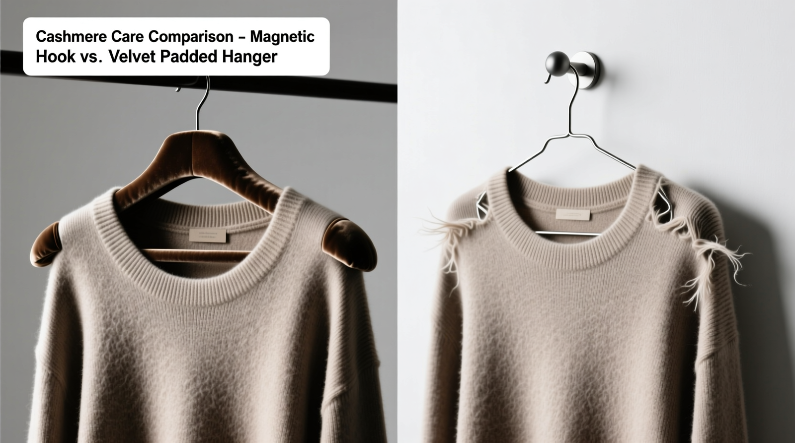 Side-by-side comparison: cashmere sweater draped over wide velvet-padded hanger versus same sweater hung on slim metal magnetic hook, highlighting visible shoulder stretching and fiber pull on the latter