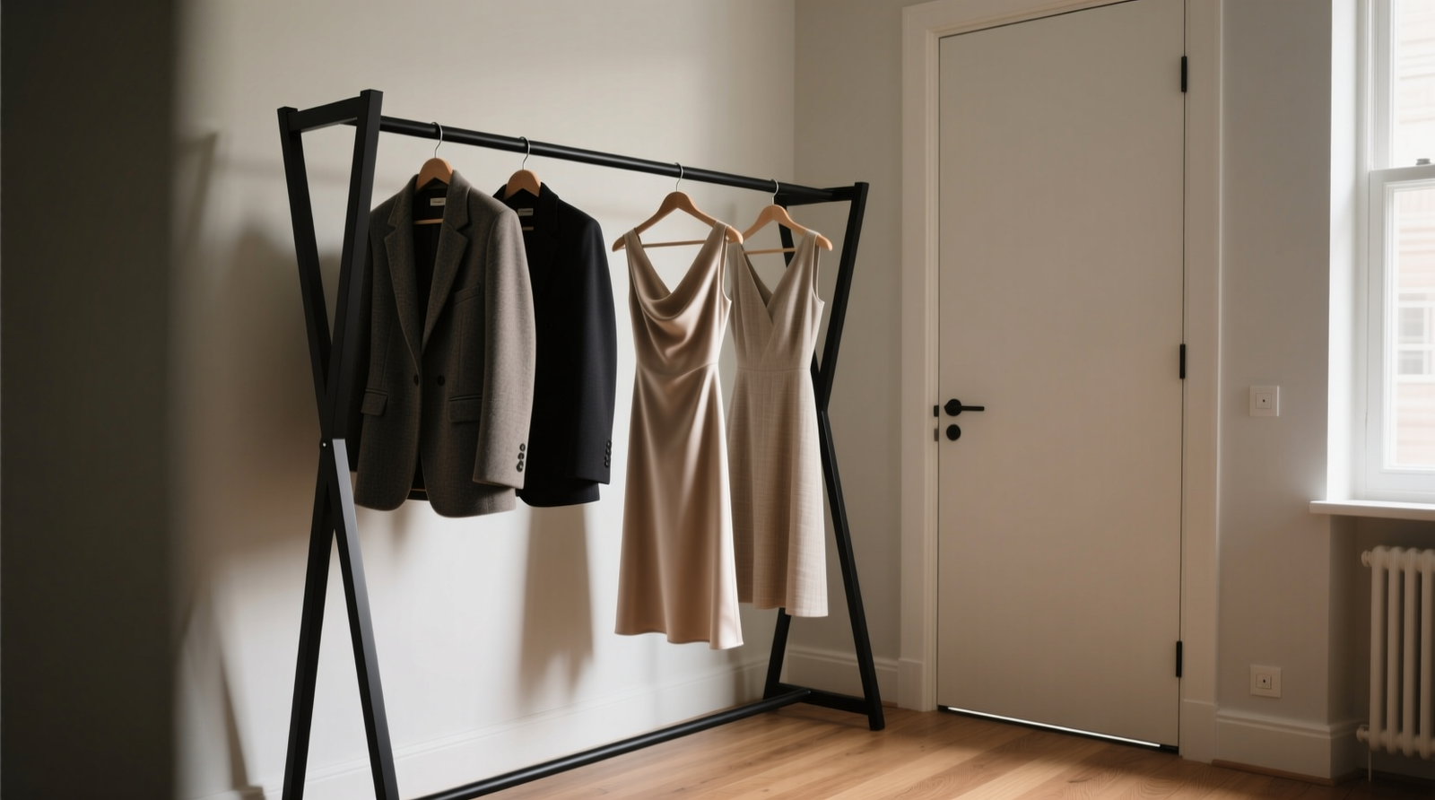 A sleek, matte-black foldable garment rack positioned beside a narrow apartment closet door, holding neatly hung blazers and dresses; floor is hardwood, no visible hardware or wall marks
