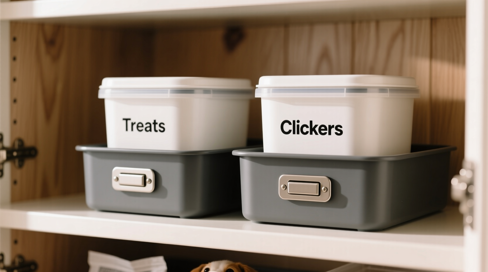 A neatly organized closet pantry shelf showing two identical, matte-white airtight containers labeled 'Treats' and 'Clickers', each nested inside a charcoal-gray under-shelf bin with secure latches; no visible packaging, no open bags, no exposed labels or logos