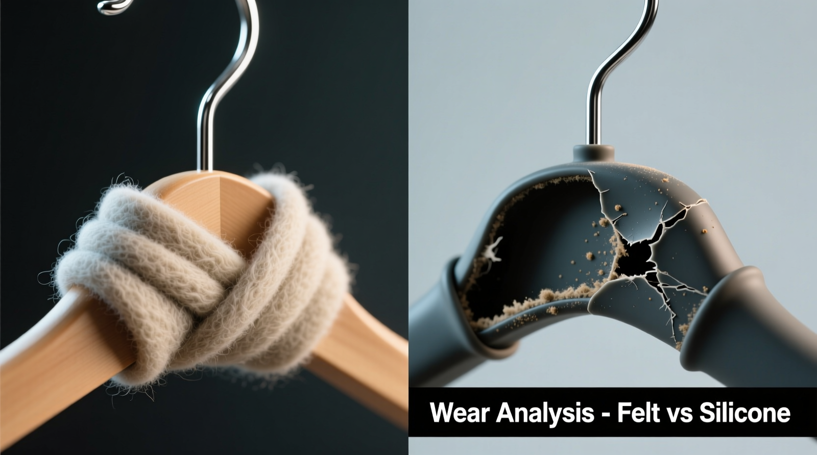 Side-by-side macro photos: left shows a wool-blend felt pad wrapped snugly around a chrome hanger shoulder, fibers compressed but intact; right shows a silicone sleeve partially peeled away from the same hanger, revealing dust accumulation and surface micro-tears