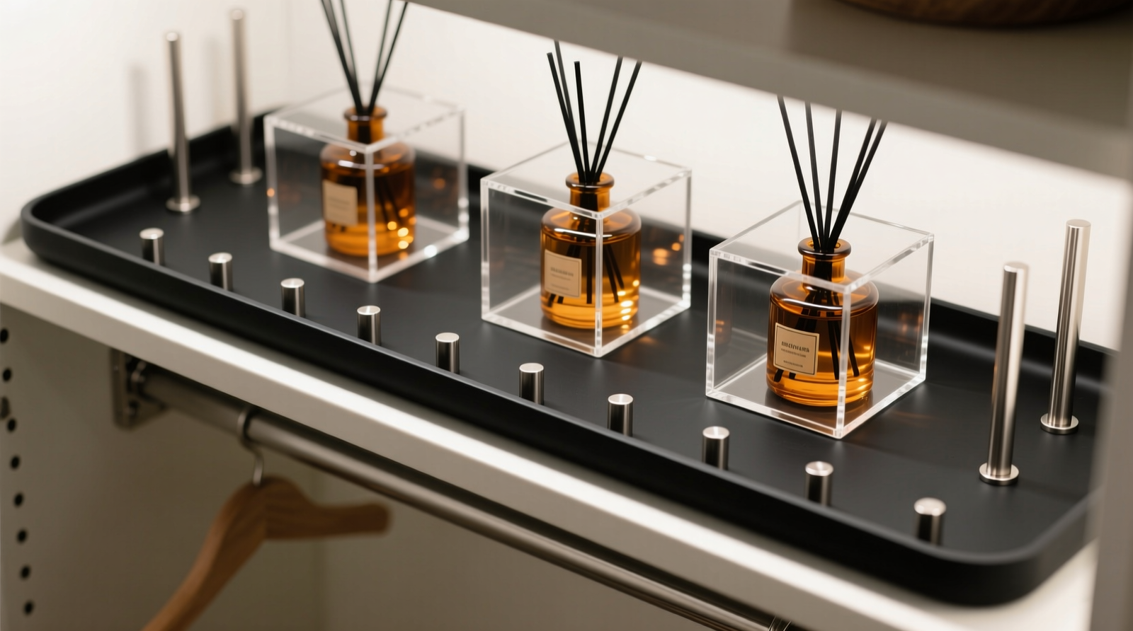 A well-organized closet interior showing labeled amber glass bottles in a ventilated wooden cabinet, reeds stored upright in a ceramic tray lined with silicone paper, and a digital thermo-hygrometer mounted on the door frame
