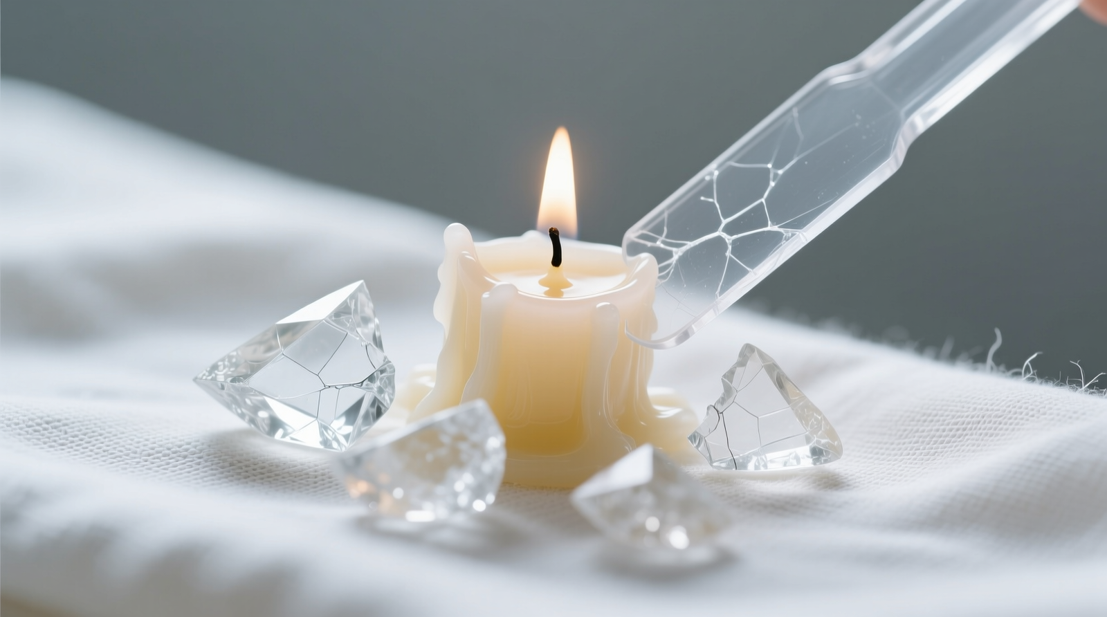 Close-up photo showing brittle, translucent candle wax fragments lifting cleanly from ivory linen fabric after freezing, with a plastic scraper angled at 15 degrees—no visible fiber pull or surface distortion