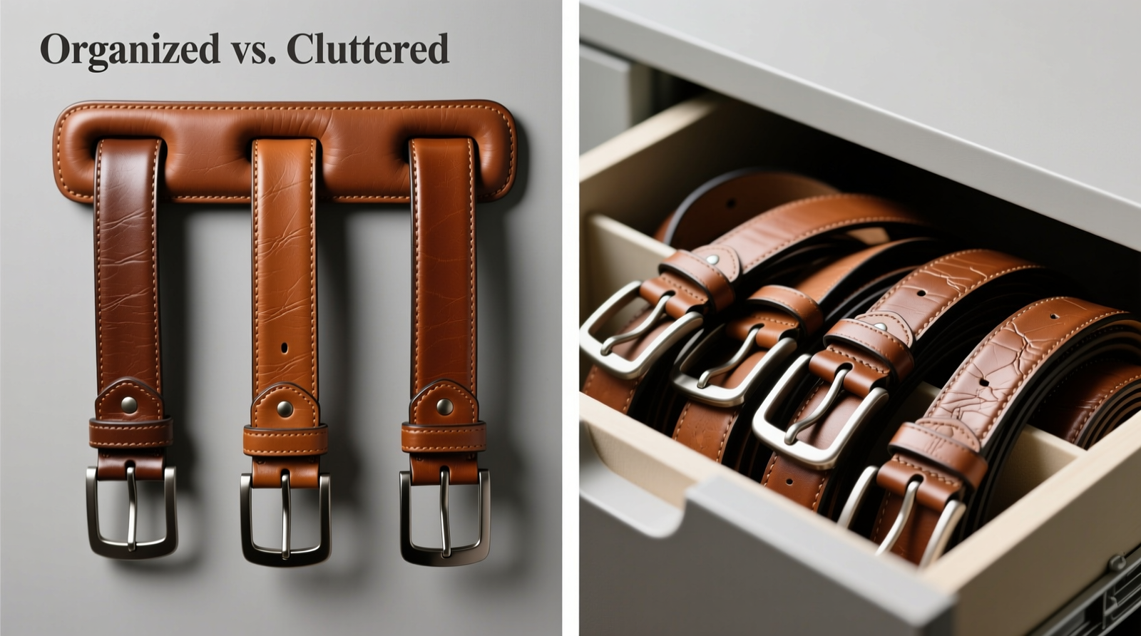 Side-by-side comparison: left shows three high-quality leather belts hanging vertically on wide, padded belt loops with buckles aligned downward; right shows the same belts crammed horizontally into shallow drawer dividers with visible kinks near buckles and overlapping ends.