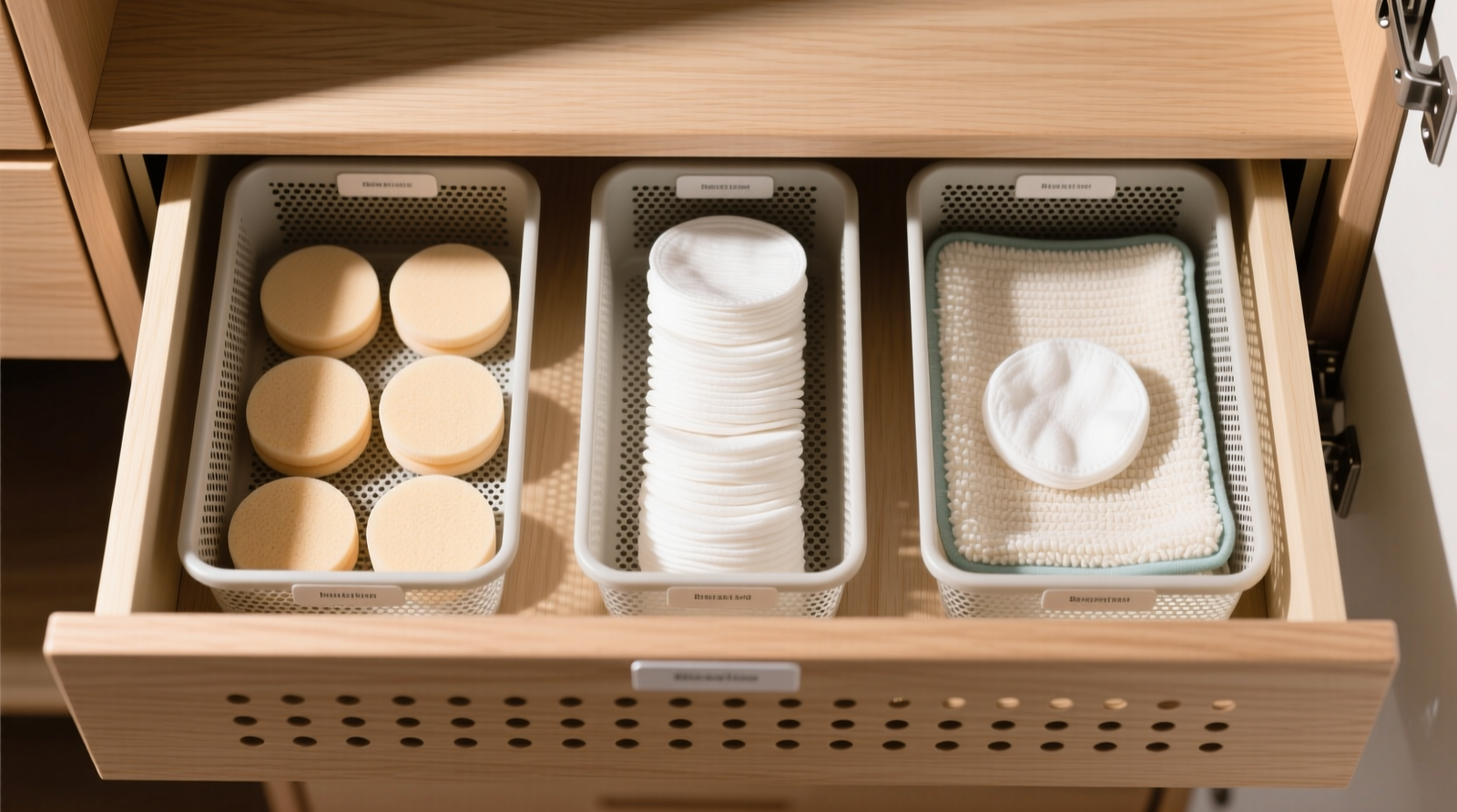 A minimalist closet upper shelf showing three clearly separated zones: a perforated acrylic tray holding two beauty sponges face-up, a small bamboo basket with folded reusable cotton rounds, and a rechargeable silica gel packet nestled beside them—all under soft LED lighting with visible airflow clearance above