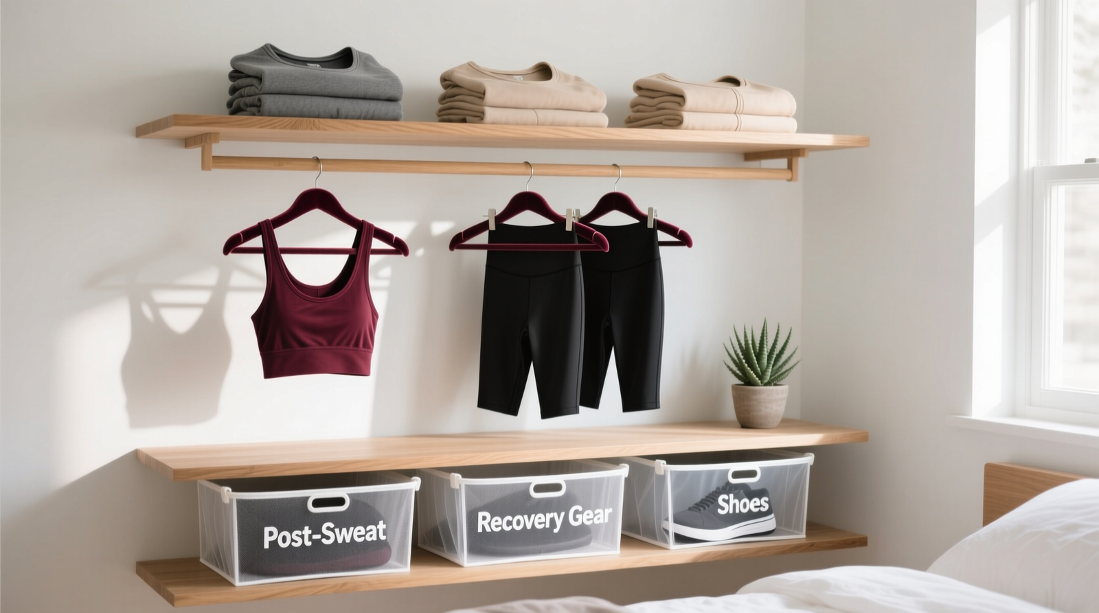 A well-lit, minimalist closet showing an 18-inch vertical section with three uniform fabric bins labeled 'Yoga', 'Run', 'HIIT', two slim hangers holding moisture-wicking tanks, and a black mesh bag hanging discreetly on the interior door handle.