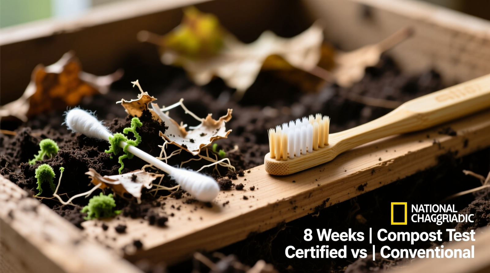 Side-by-side visual comparison: certified compostable cotton swab decomposing in rich soil next to a bamboo toothbrush with nylon bristles visibly intact after 8 weeks in the same home compost bin