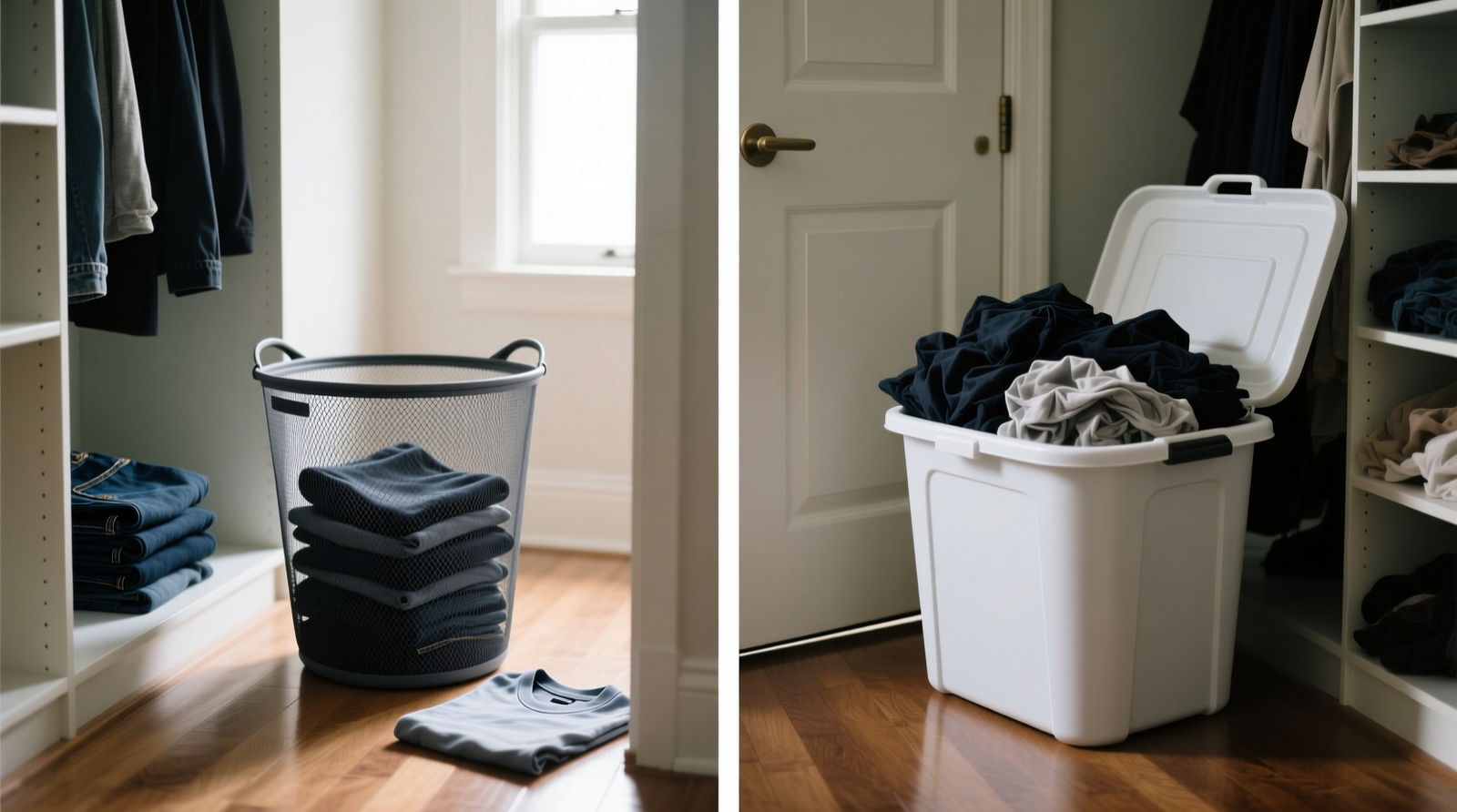 Side-by-side photo: left shows a slim, charcoal-gray foldable mesh hamper centered on a closet floor beside folded jeans and a cotton t-shirt; right shows a white rigid lidded bin overflowing with dark laundry, its lid slightly ajar, placed awkwardly near a closet door that cannot fully close.