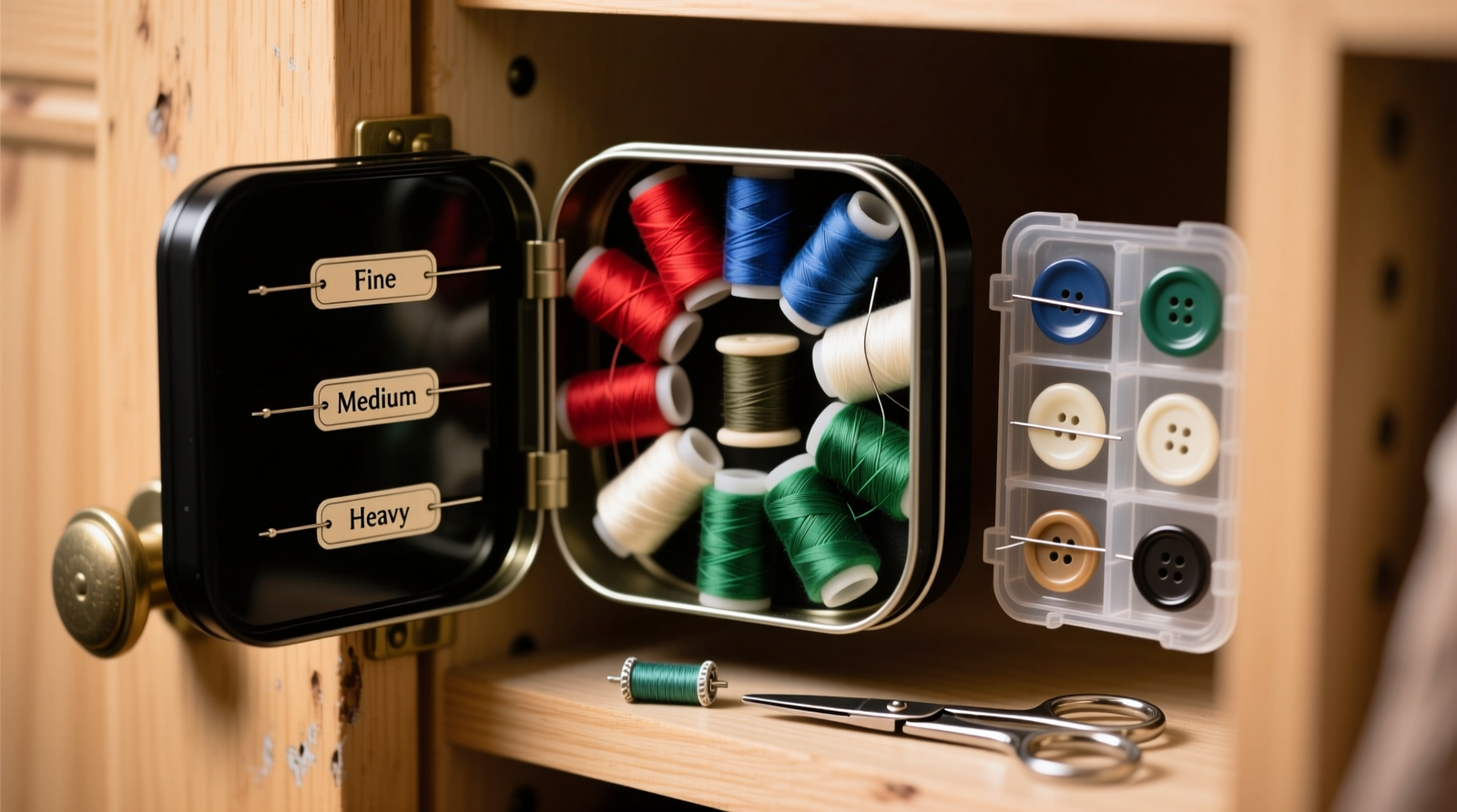 Close-up of a matte-black magnetic tin mounted inside a light-wood closet door, containing neatly arranged spools of thread, three labeled needle slots, six pre-threaded buttons in a silicone tray, and miniature scissors/ripper aligned at the base