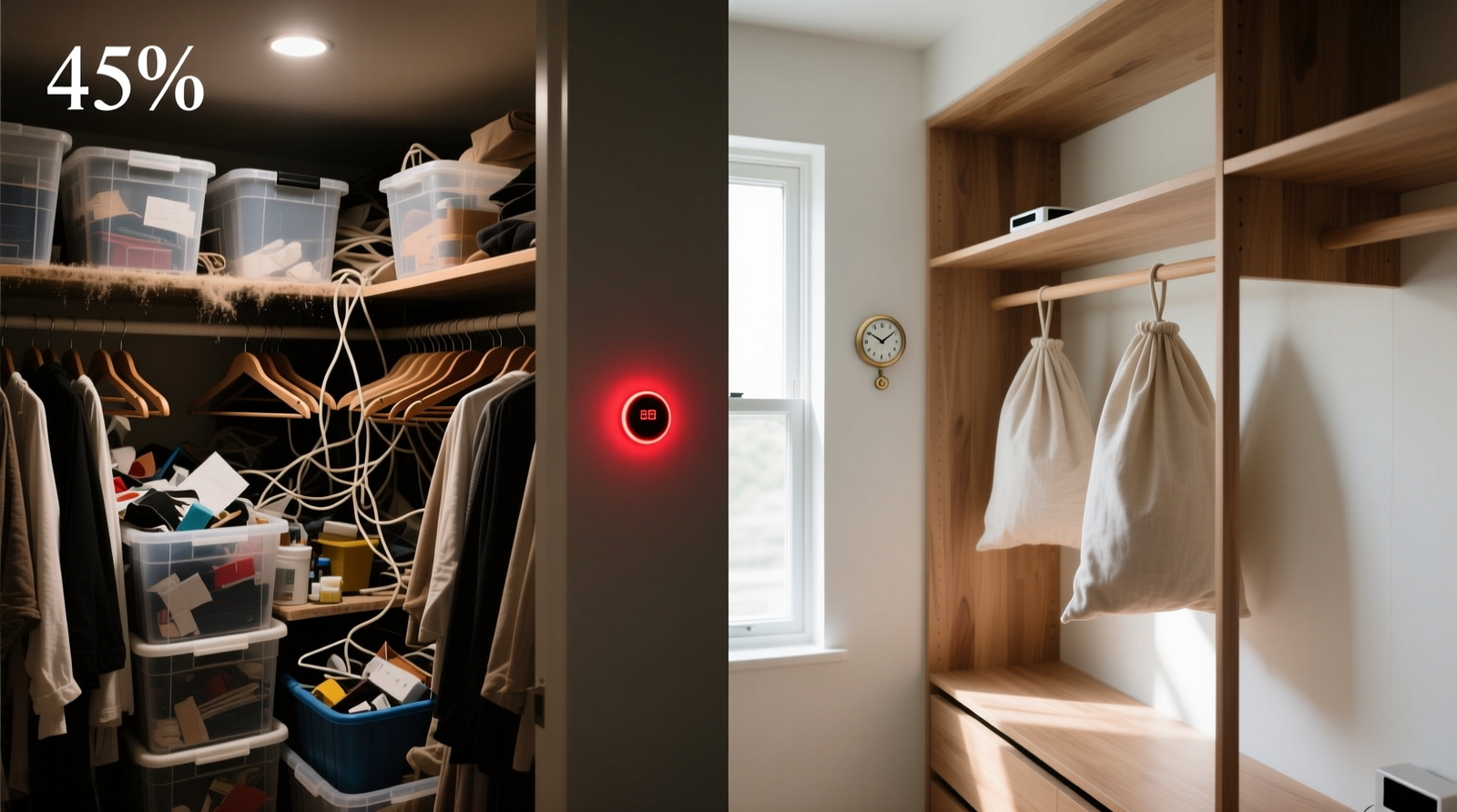 Side-by-side comparison: left shows a cluttered closet with plastic bins and a blinking humidity sensor on a shelf; right shows an airy, minimalist closet with cedar-lined shelves, cotton garment bags, and zero electronics—only a small analog hygrometer mounted discreetly on an exterior wall