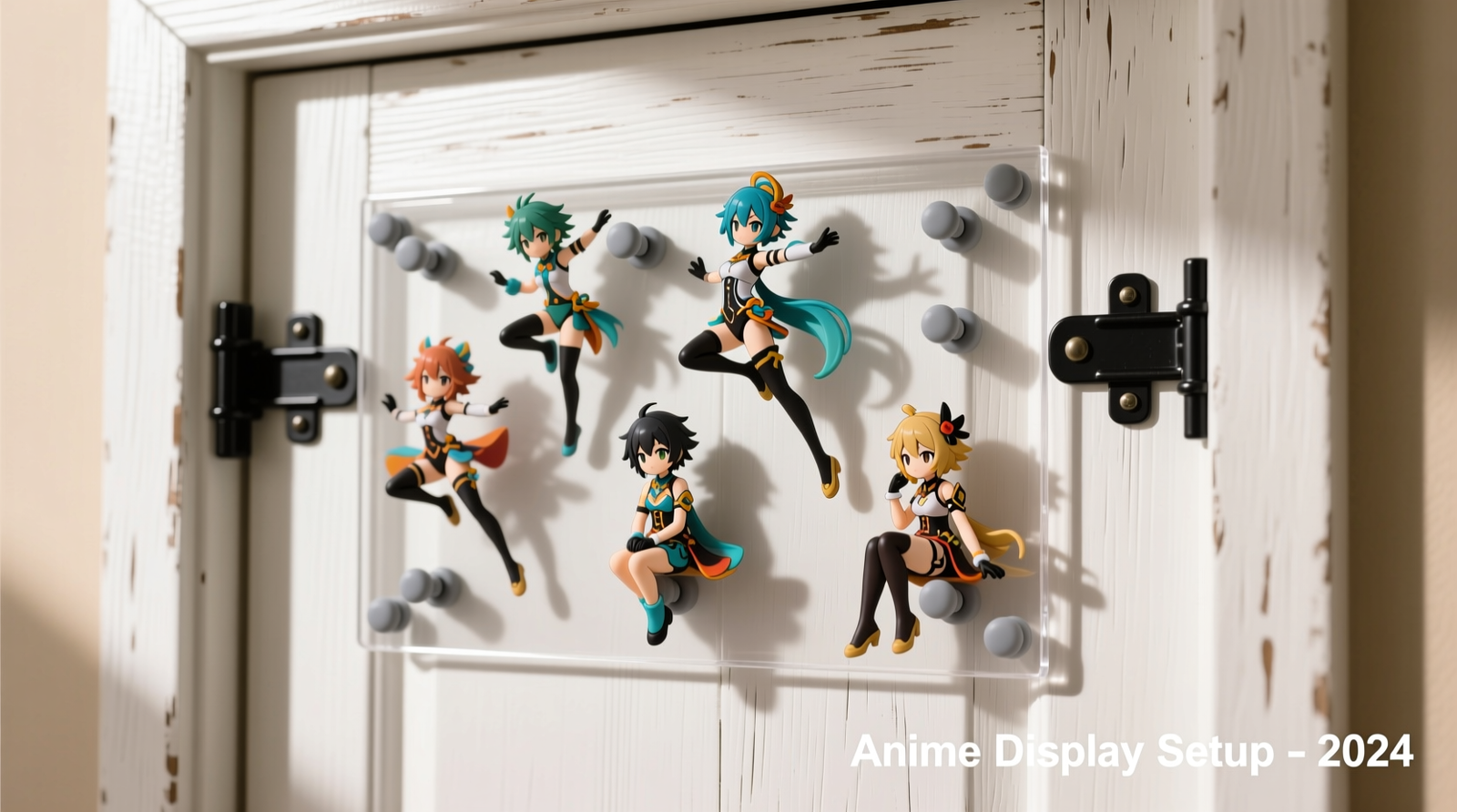 Close-up of a white interior closet door with three slim, clear acrylic trays mounted vertically on the interior face; each holds two anime figures; a small black magnetic vent grille is visible at the door’s lower edge, and thin gaps are visible above and below each tray.