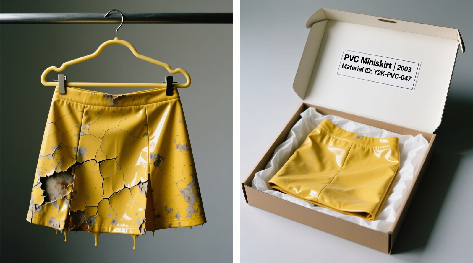 Side-by-side comparison: left shows a yellowed, sticky Y2K PVC miniskirt draped over a rubber hanger; right shows the same style folded flat inside an acid-free box with archival tissue, labeled with date and material ID