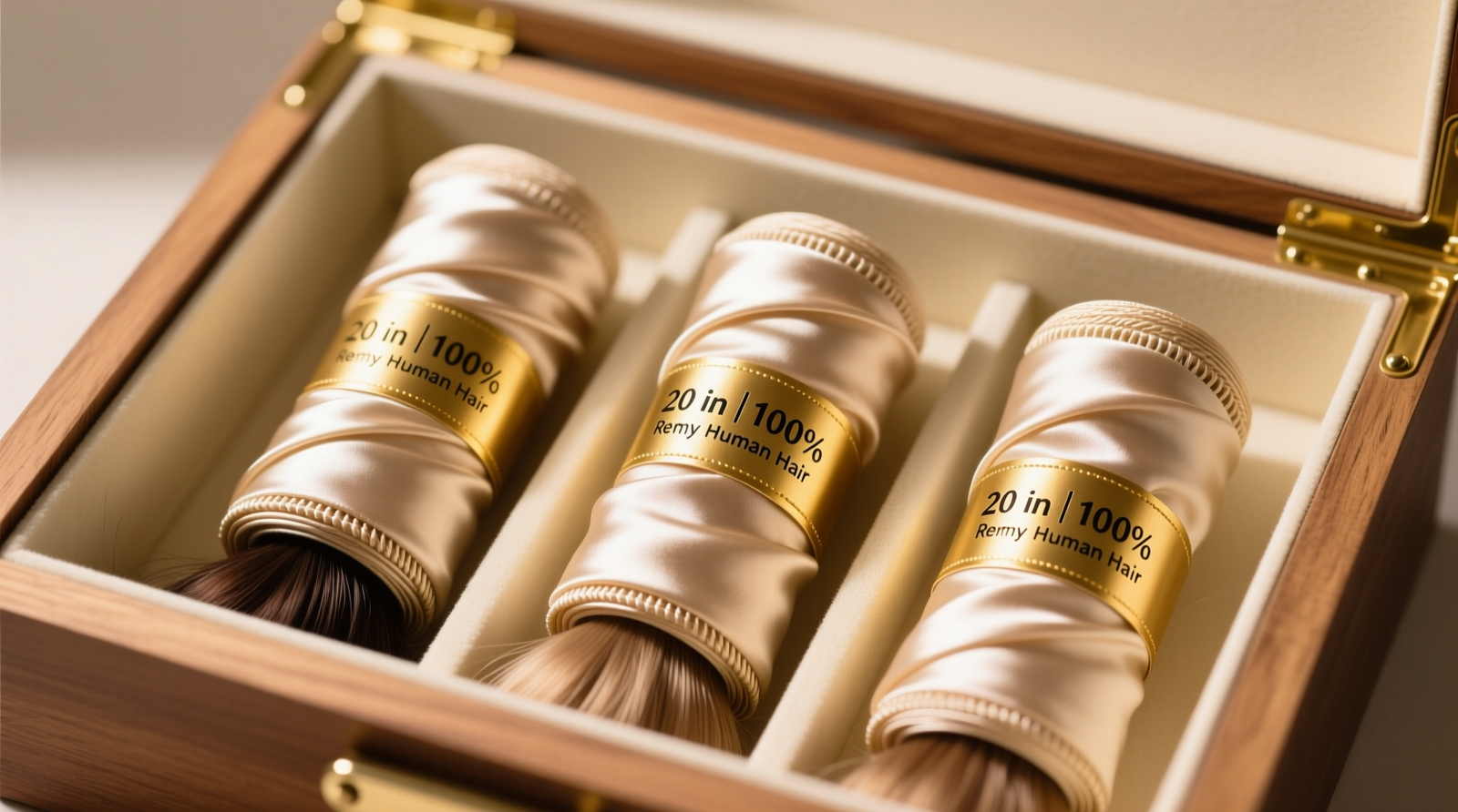 Three identical silk-wrapped hair extension rolls standing upright in a shallow, cream-lined wooden drawer compartment—each roll labeled with gold foil tags indicating length and texture (e.g., '20\\