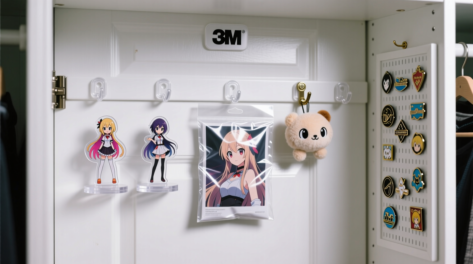 Close-up photo of a white interior closet door with five evenly spaced 3M Command™ Clear Hooks holding anime merchandise: two acrylic figure stands, a folded poster in a clear sleeve, a small plushie on a clip mount, and a set of enamel pins displayed on a vertical pin board attached via two hooks. All hardware is invisible from the front; no paint discoloration or texture distortion visible.