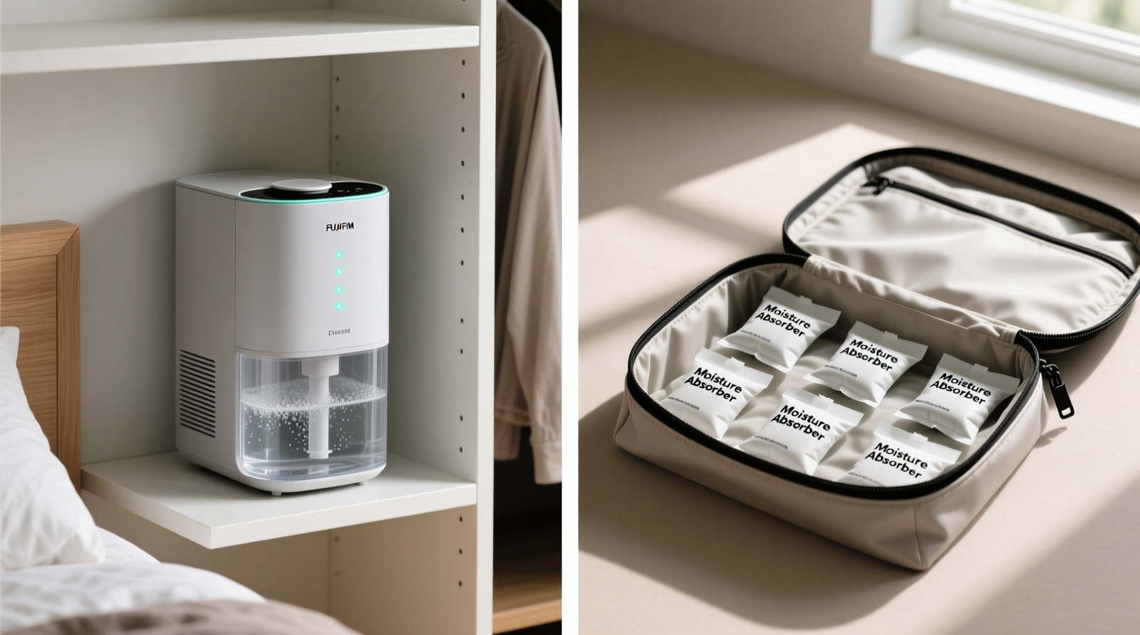 Side-by-side photo: left shows a compact electric closet dehumidifier mounted on a shelf with clear water reservoir; right shows silica gel packs neatly arranged inside a zippered garment bag—not scattered openly in a closet