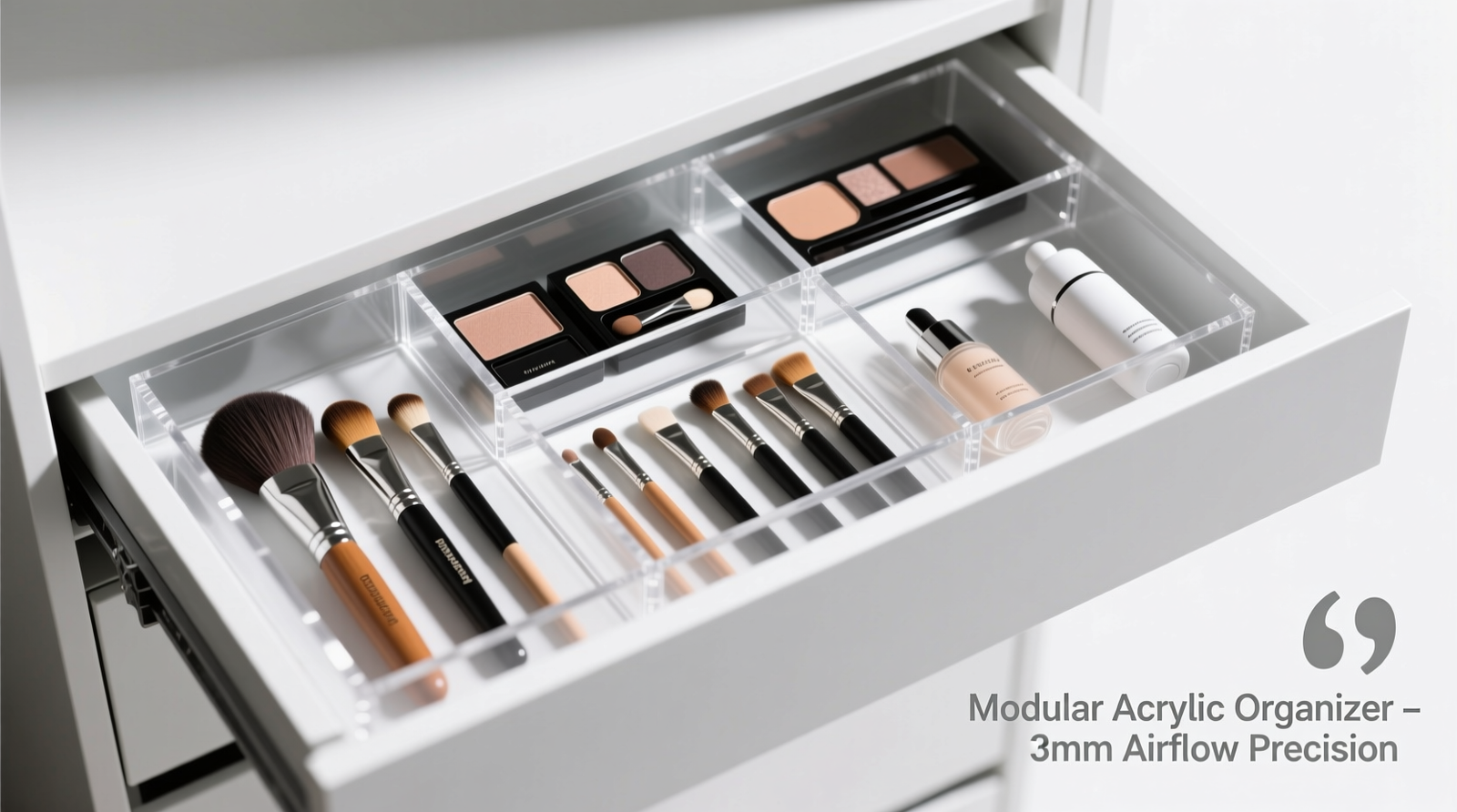 Top-down view of a 16-inch wide closet drawer fitted with a modular acrylic insert system: clear vertical dividers separate foundation brushes (left), precision eyeshadow tools (center), and skincare devices (right); each zone has 3mm clearance between items and visible airflow gaps