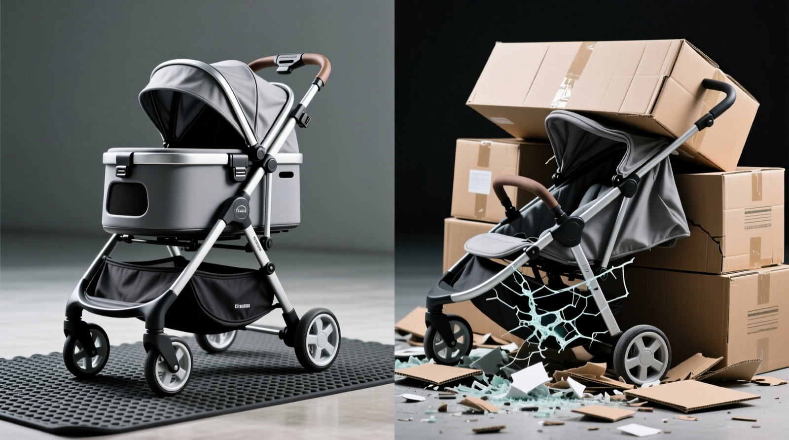 Closet interior showing wall-mounted steel brackets installed above a standard hanging rod, holding a compact pet stroller upright with wheels facing outward and ample clearance around all sides