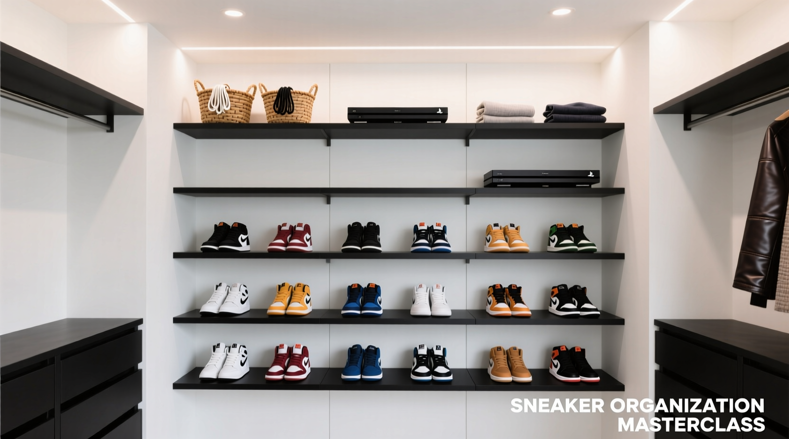 White-walled walk-in closet with three vertically mounted, matte-black PlayStation 4 console shelves holding twelve pairs of sneakers in color-coordinated rows, plus small woven baskets for shoelaces and microfiber cloths on topmost shelf