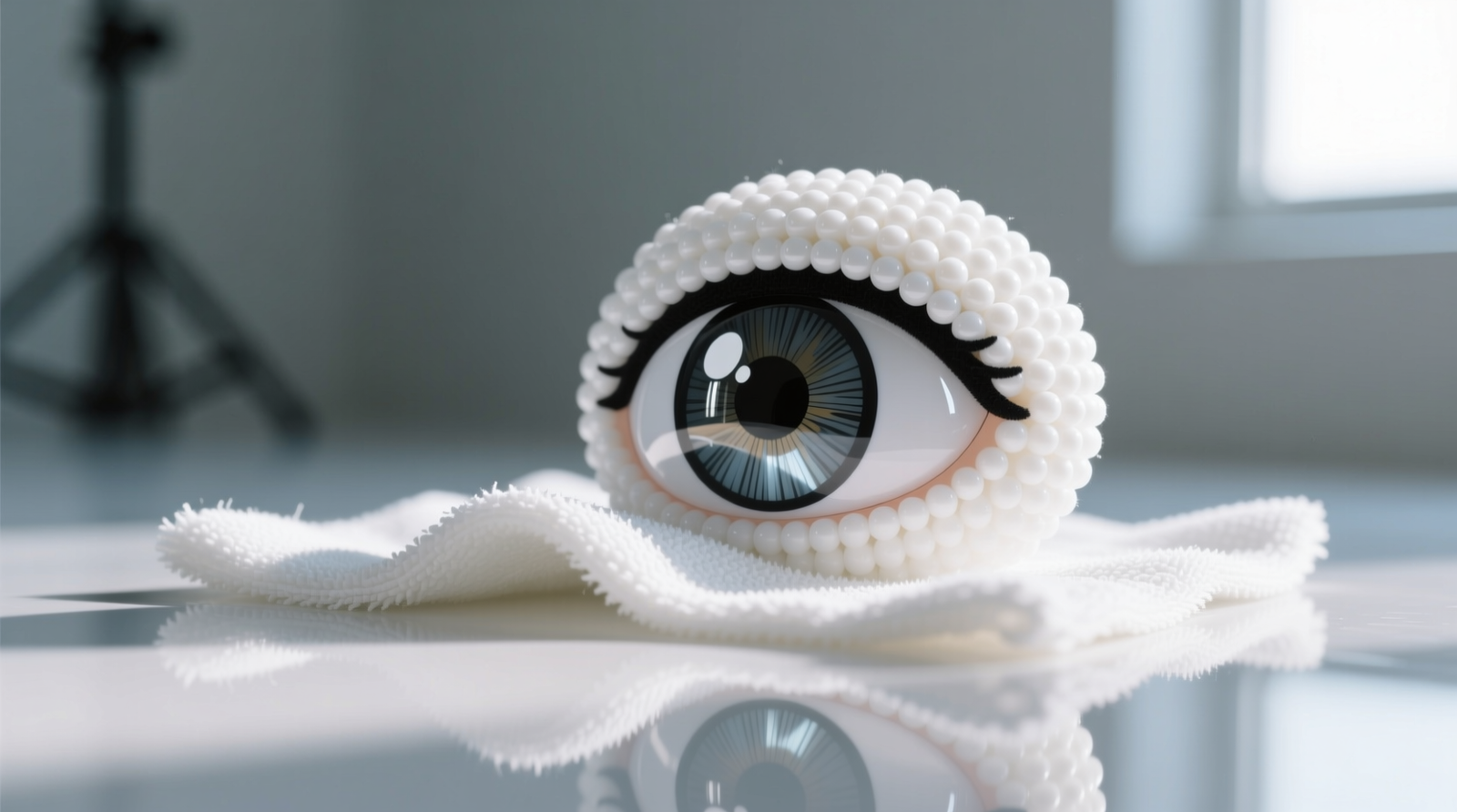 Close-up macro photograph showing a white microfiber cloth gently wiping a glossy black anime plush eye composed of uniform recycled plastic beads; no liquid pooling, no visible lint transfer, ambient natural lighting
