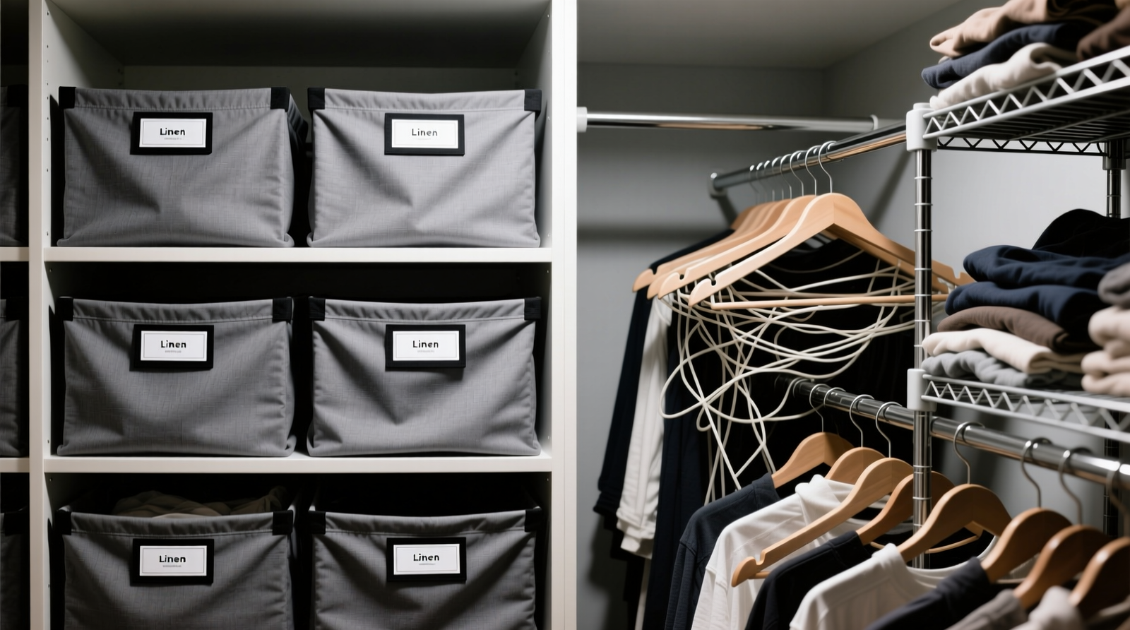 Side-by-side closet view: left shows neatly segmented zones using charcoal-gray foldable fabric partitions with labeled linen tags; right shows same closet with wobbling chrome tension rods, overlapping hangers, and visible wire shelving clutter