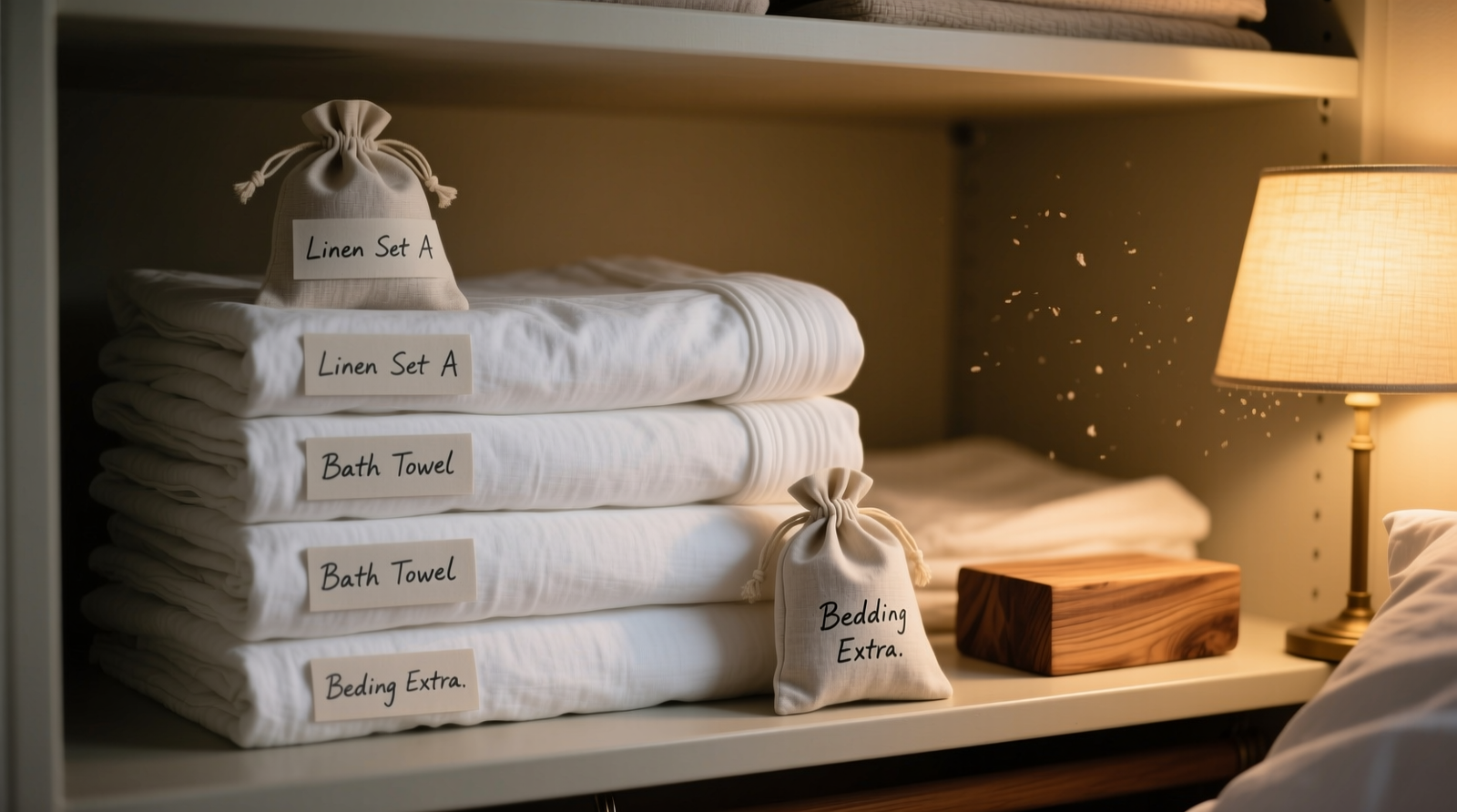 A neatly organized closet shelf showing folded organic cotton sheets stacked with small, labeled linen pouches nestled between layers; a cedar block sits discreetly at one end, and soft ambient lighting suggests evening calm