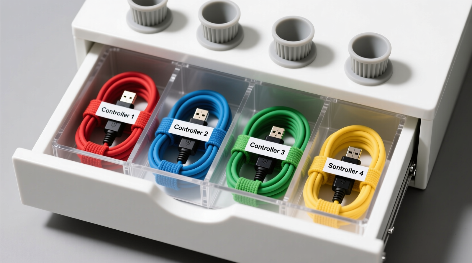 Close-up of a white-painted closet interior showing a matte-black pegboard mounted on the door, with two gaming headsets hung by earcups on top hooks, three controllers suspended by their charging ports below, and color-coded cables running vertically into labeled adhesive cable reels at floor level.