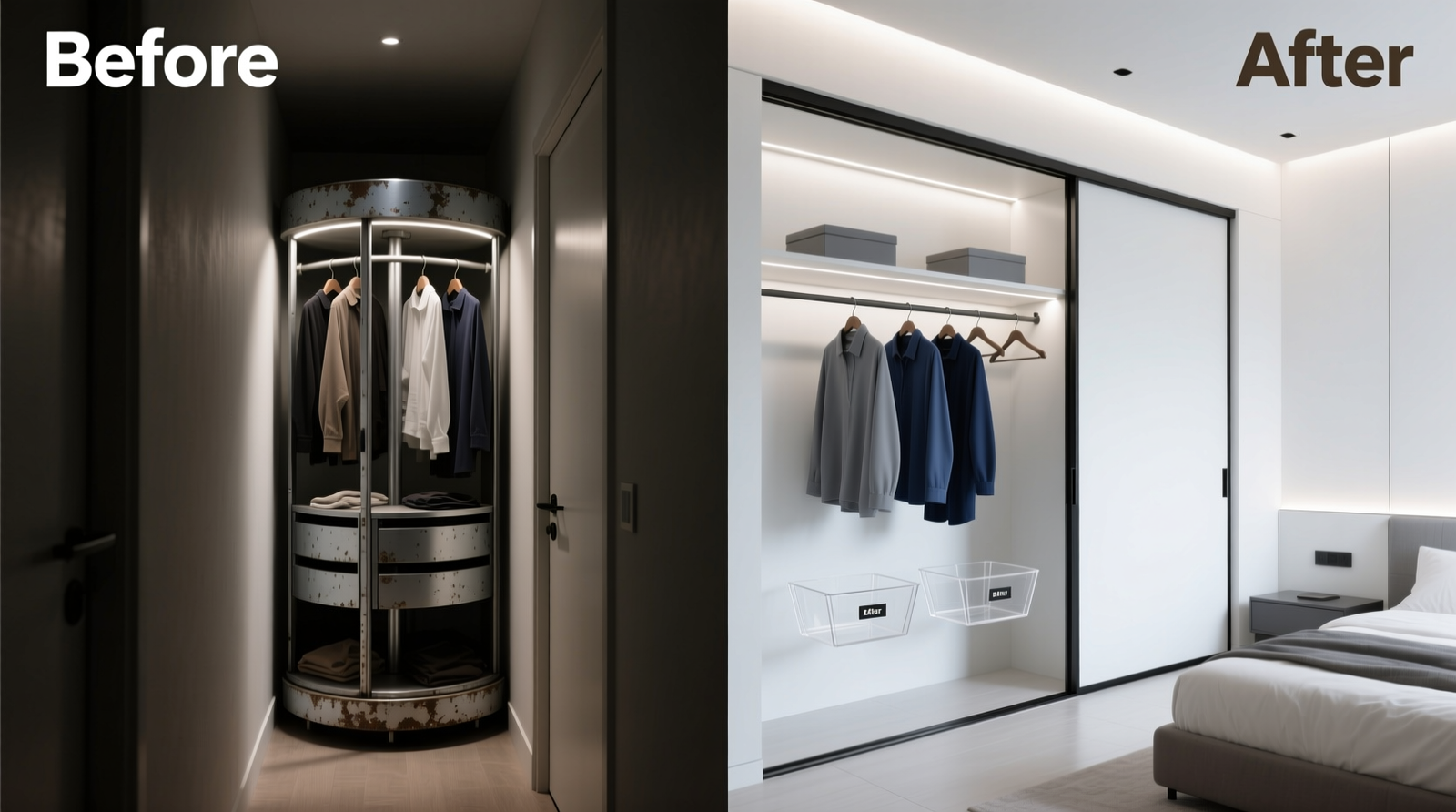 Side-by-side comparison: left shows a rotating closet carousel blocked by a partially opened interior door in a narrow hallway; right shows a streamlined double-hang closet with labeled slim hangers, floating baskets, and full door clearance