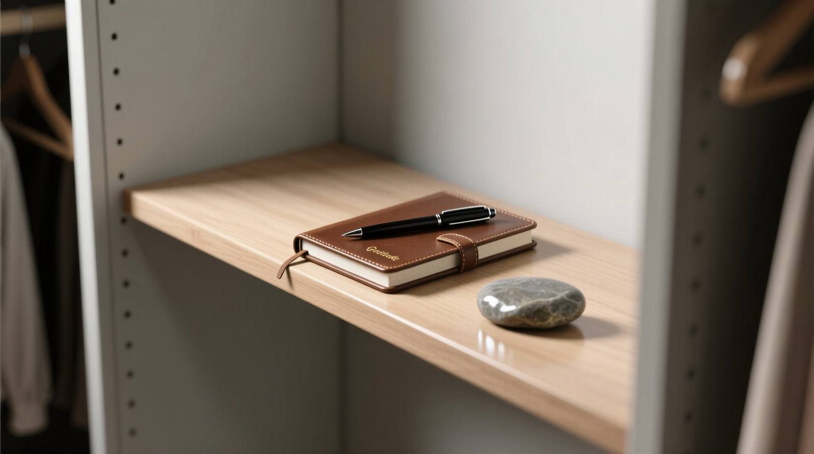 A minimalist closet interior door with a slim, natural-finish shelf mounted at eye level, holding a leather-bound gratitude journal, a matte black pen resting diagonally across its cover, and a smooth river stone placed just below—no other items visible.