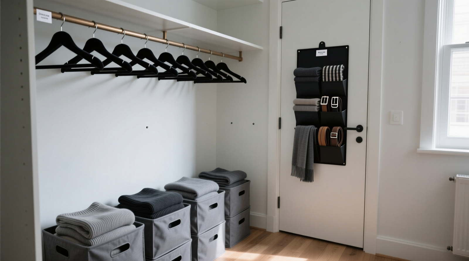 A narrow shared closet with uniform black velvet hangers spaced evenly on a single rod; folded sweaters stacked in identical gray fabric bins on the floor; a slim over-the-door organizer holding scarves and belts; no visible wall attachments
