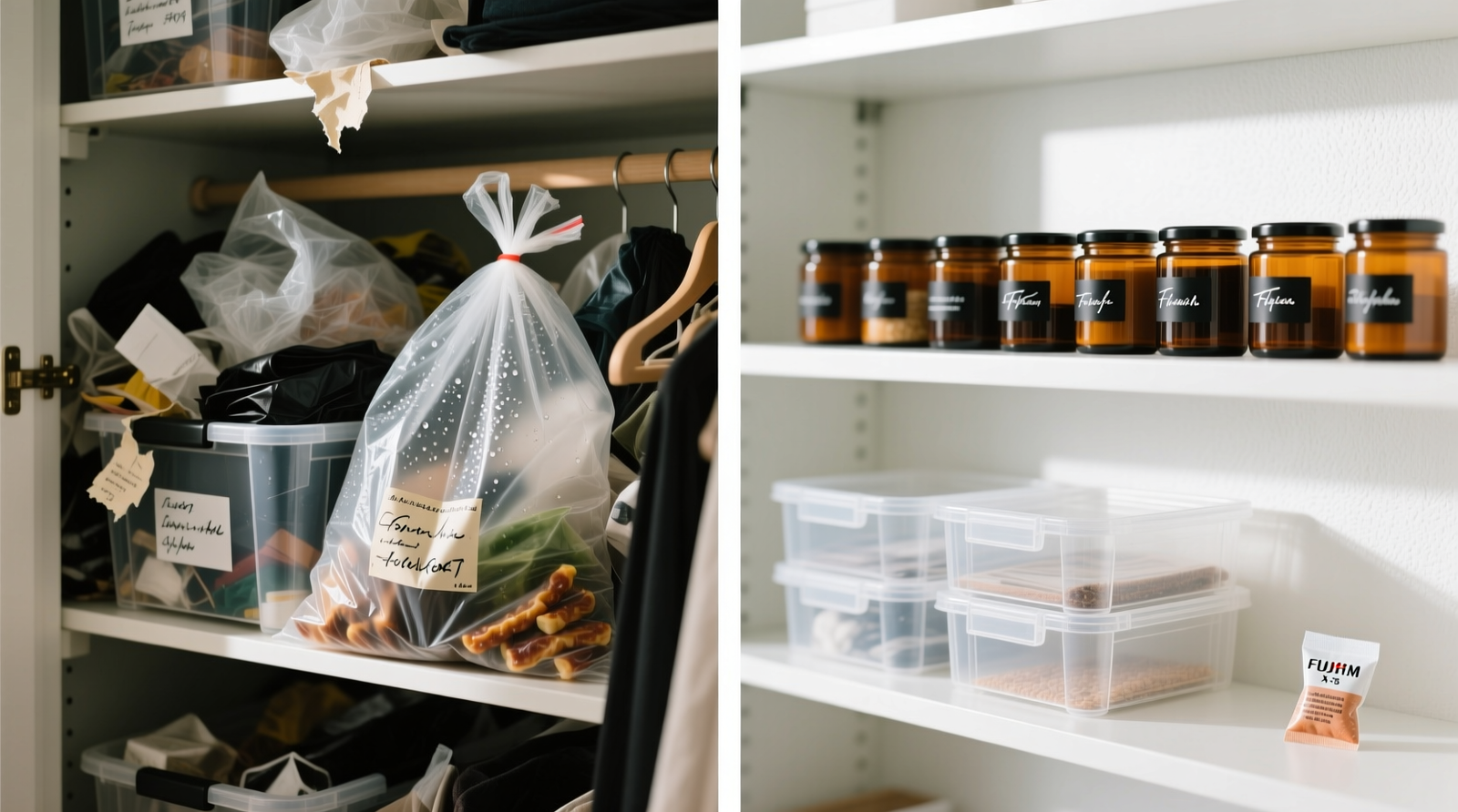 A well-organized closet shelf showing five uniformly stacked, matte-finish childproof tins labeled 'Dental Chews', 'Probiotic Powder', 'Omega Gel', 'Joint Support', and 'Calming Bites'; each tin has a color-coded stripe and sits on a non-slip shelf liner