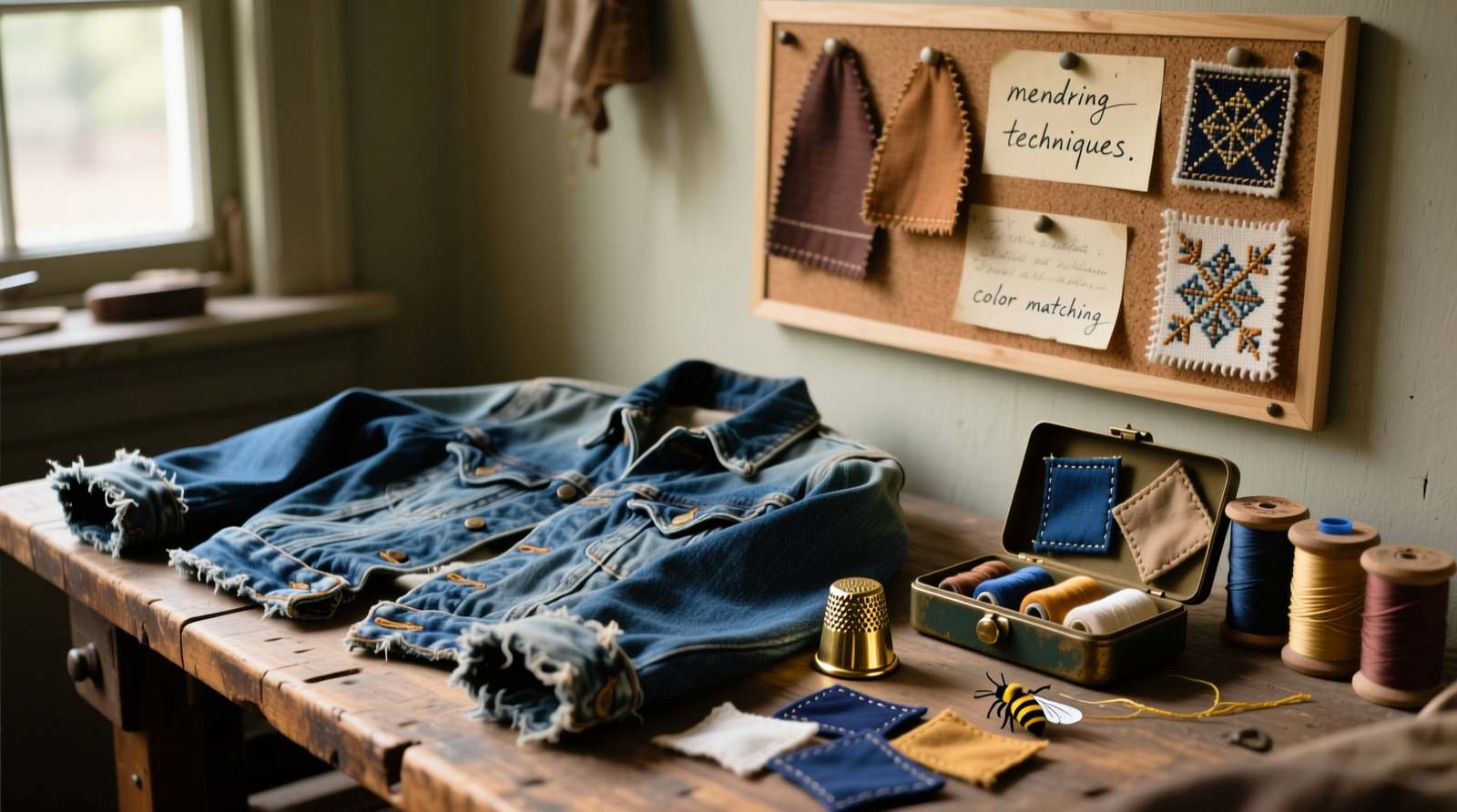 A weathered blue denim jacket laid open on a wooden worktable, with a vintage repair kit beside it: brass thimble, indigo-dyed cotton patches, beeswax thread spools, and a small corkboard mounted nearby showing pinned fabric swatches, handwritten notes on fading, and stitched sampler squares