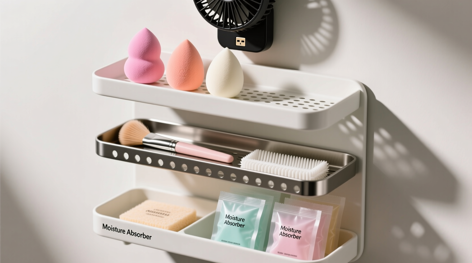 Three-tier wall-mounted organizer with perforated metal trays holding beauty sponges upright and brush cleaners laid flat, with silica gel packets visible in bottom tray and small USB-powered fan mounted discreetly above