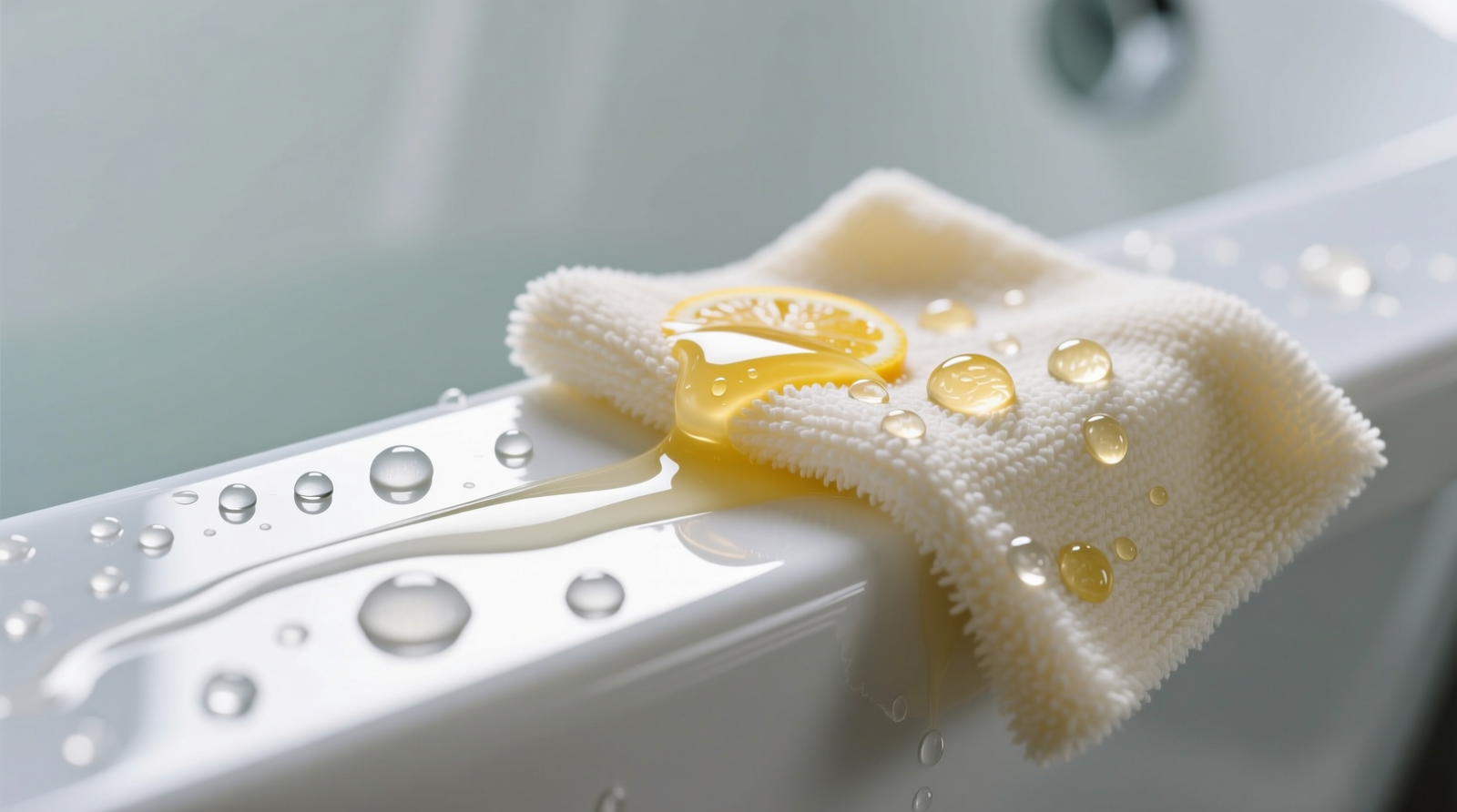 Close-up of a soft microfiber cloth gently wiping citric acid solution off a gleaming white acrylic bathtub surface, with clear water droplets visible and no streaks or haze