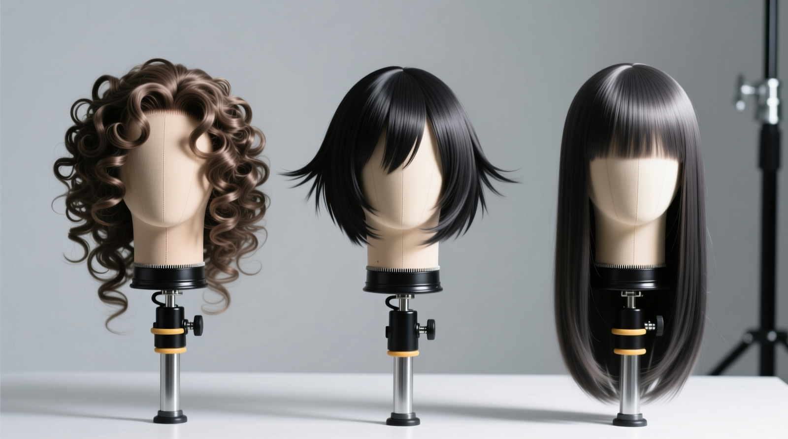 Three adjustable wig stands holding different cosplay wigs: one with tight spiral curls, one with layered bob cut, and one with long straight bangs—all upright, aligned at the hairline, with visible tension collar adjustments