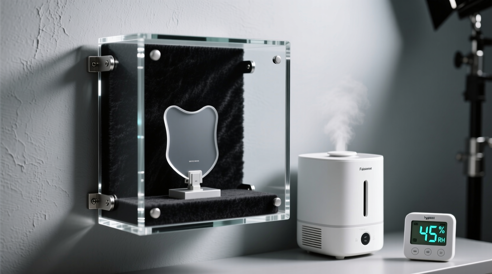 Wall-mounted UV-filtering acrylic display case with black felt backing, mounted on vibration-dampened bracket beside silent desiccant dehumidifier unit and digital hygrometer