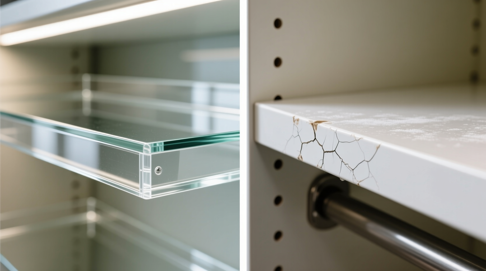 Side-by-side close-up comparison: left shows clear acrylic shelf with crisp edges and uniform transparency under LED closet lighting; right shows matte white laminate shelf with visible edge swelling, subtle cloudiness, and fine hairline cracks along the front lip
