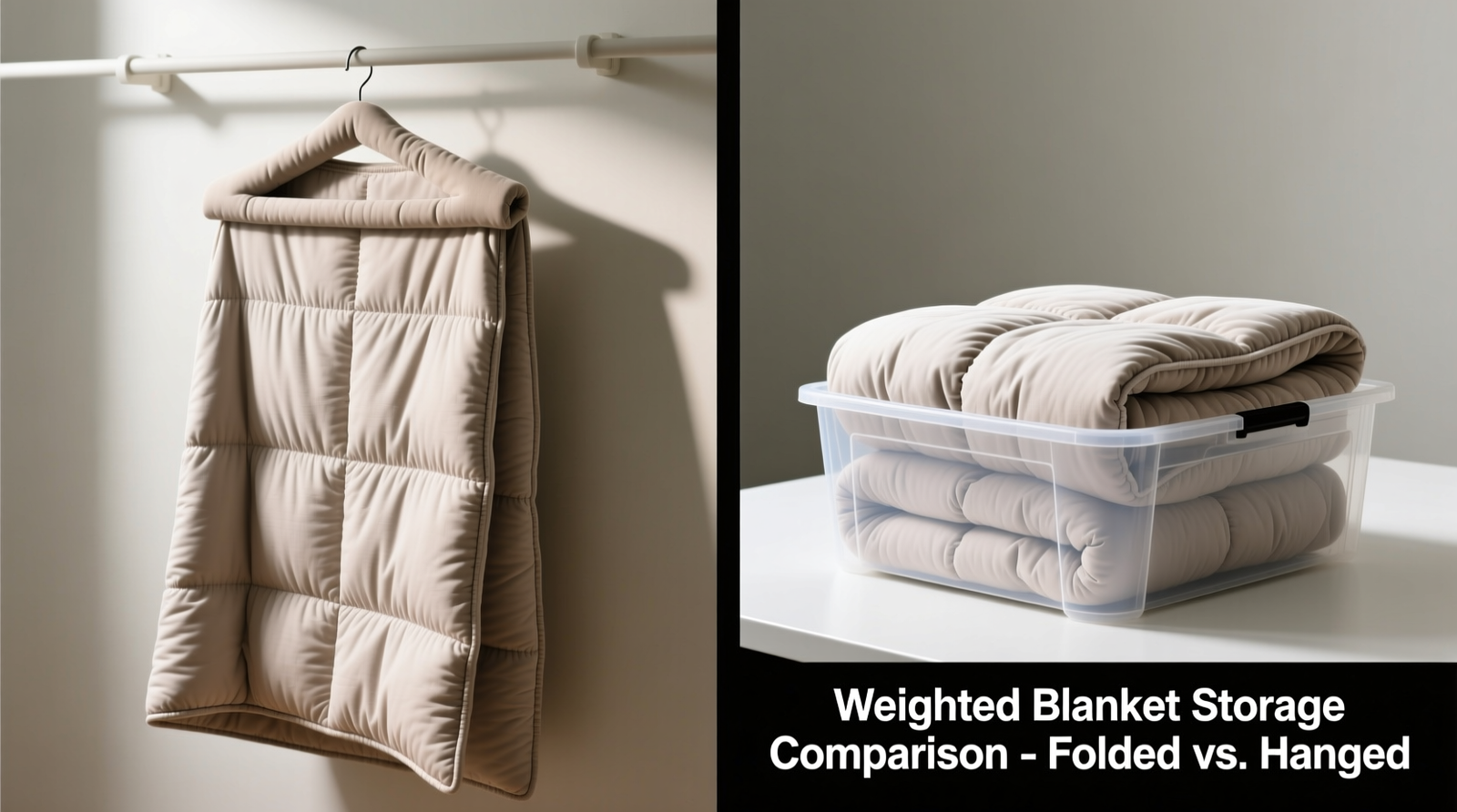 Side-by-side comparison: a weighted blanket hanging vertically on a padded hanger versus one folded tightly inside a shallow plastic bin with visible seam puckering and bulging fill channels