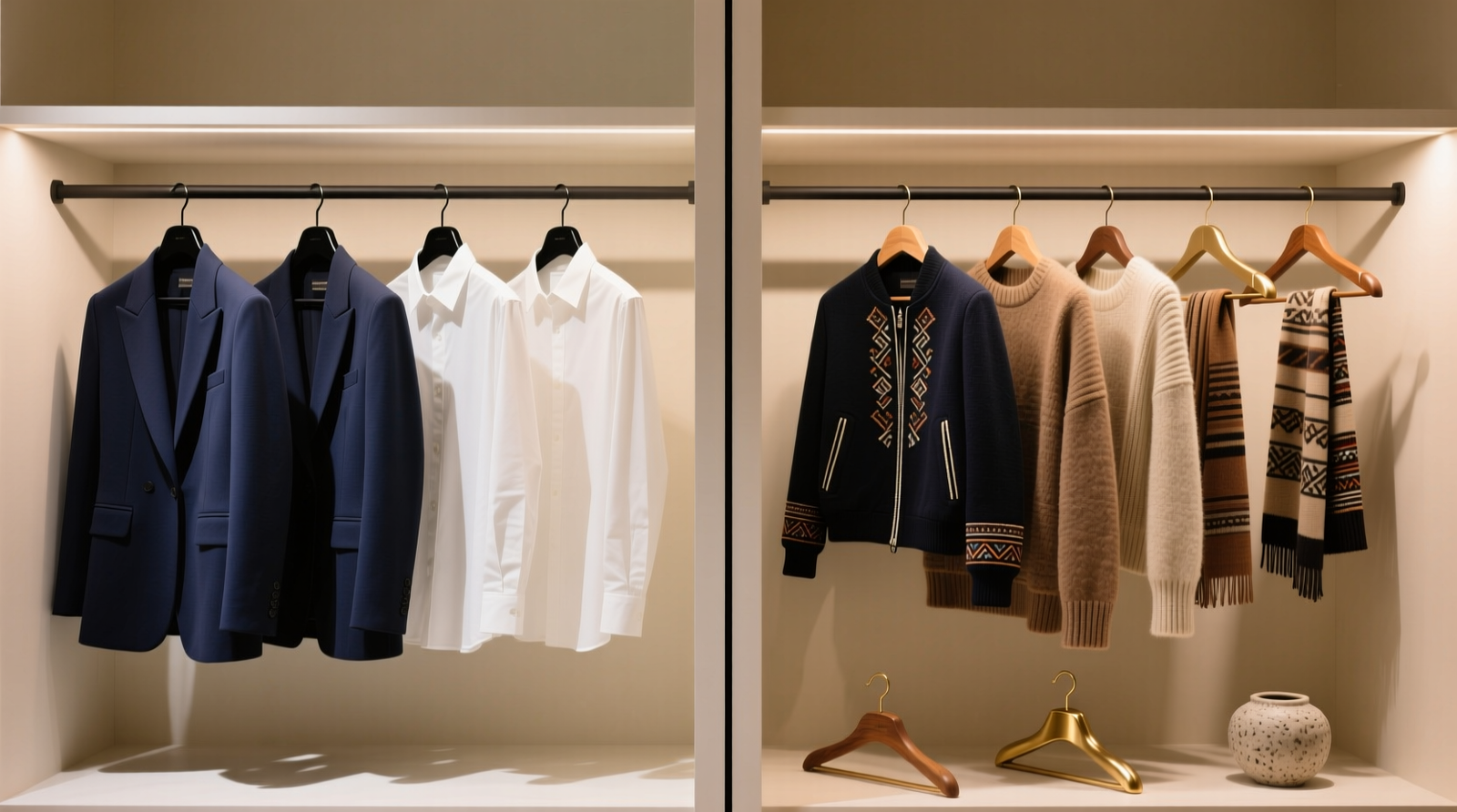 A narrow reach-in closet divided into three clear vertical zones: left zone with matte black hangers and charcoal-gray woven bins; center zone with unlabeled neutral shelf for shared linens; right zone with terracotta hangers and textured rattan baskets holding vibrant patterned garments. No items cross zone lines.